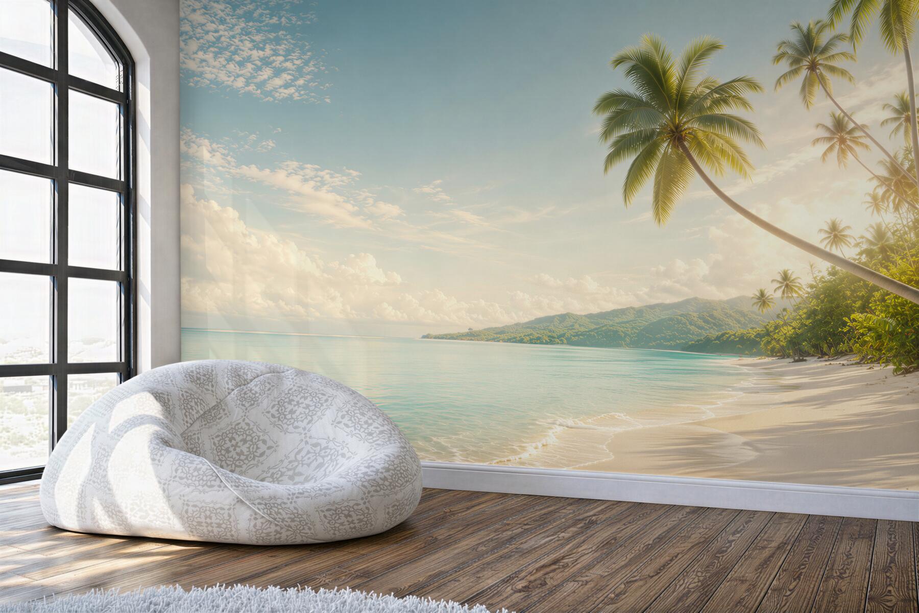 Fototapeta rajska plaża z palmami i górami w pastelowych barwach?v23