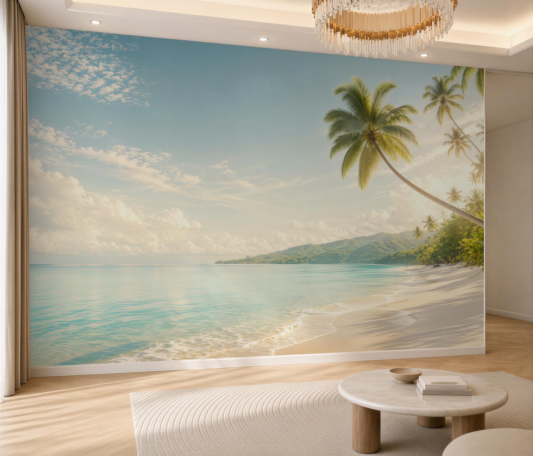Fototapeta rajska plaża z palmami i górami w pastelowych barwach?v23