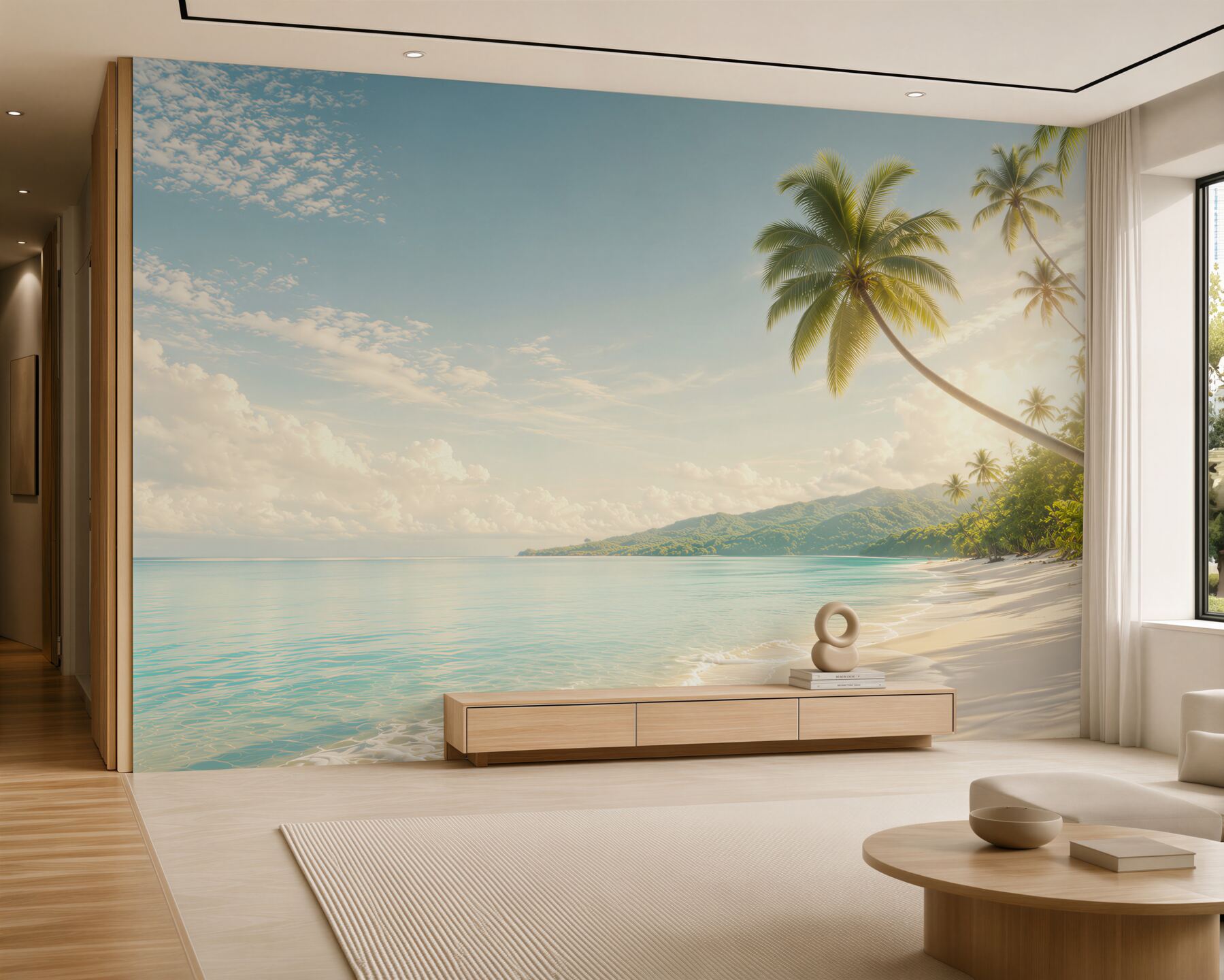 Fototapeta rajska plaża z palmami i górami w pastelowych barwach?v23
