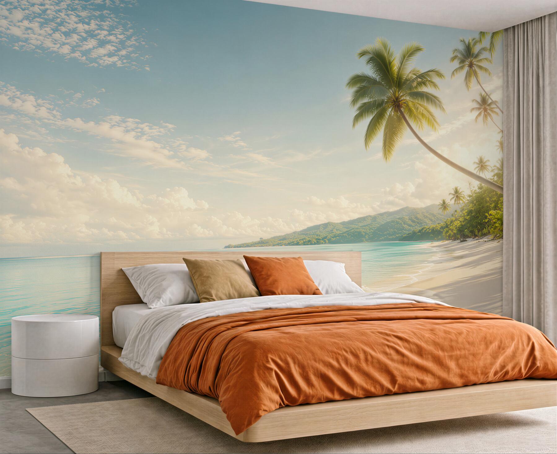 Fototapeta rajska plaża z palmami i górami w pastelowych barwach?v23