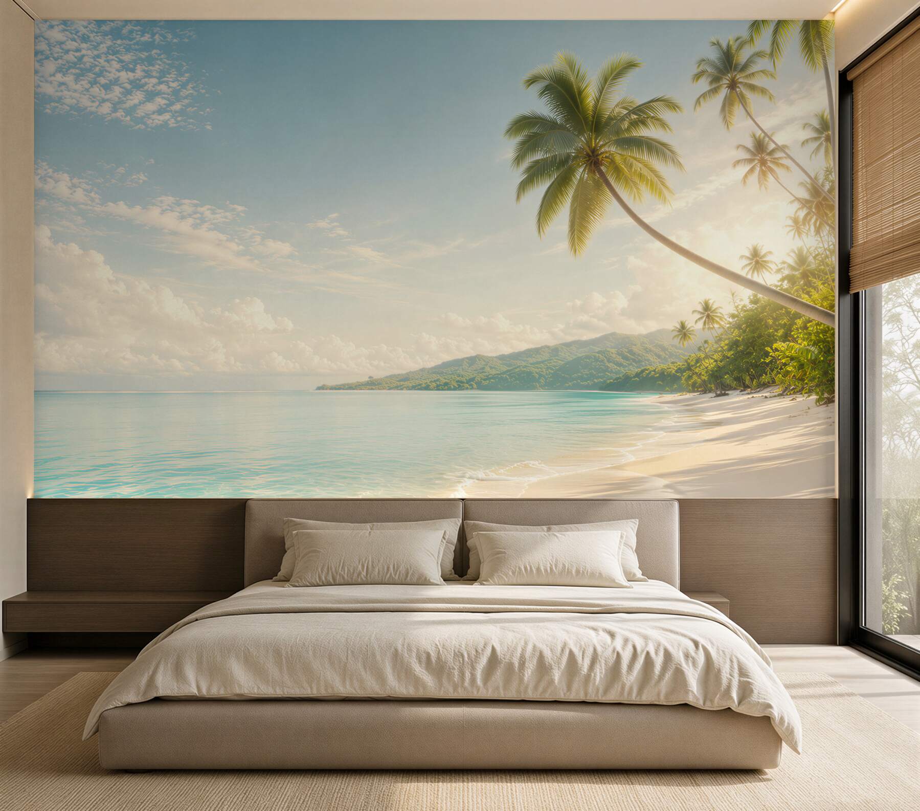 Fototapeta rajska plaża z palmami i górami w pastelowych barwach?v23