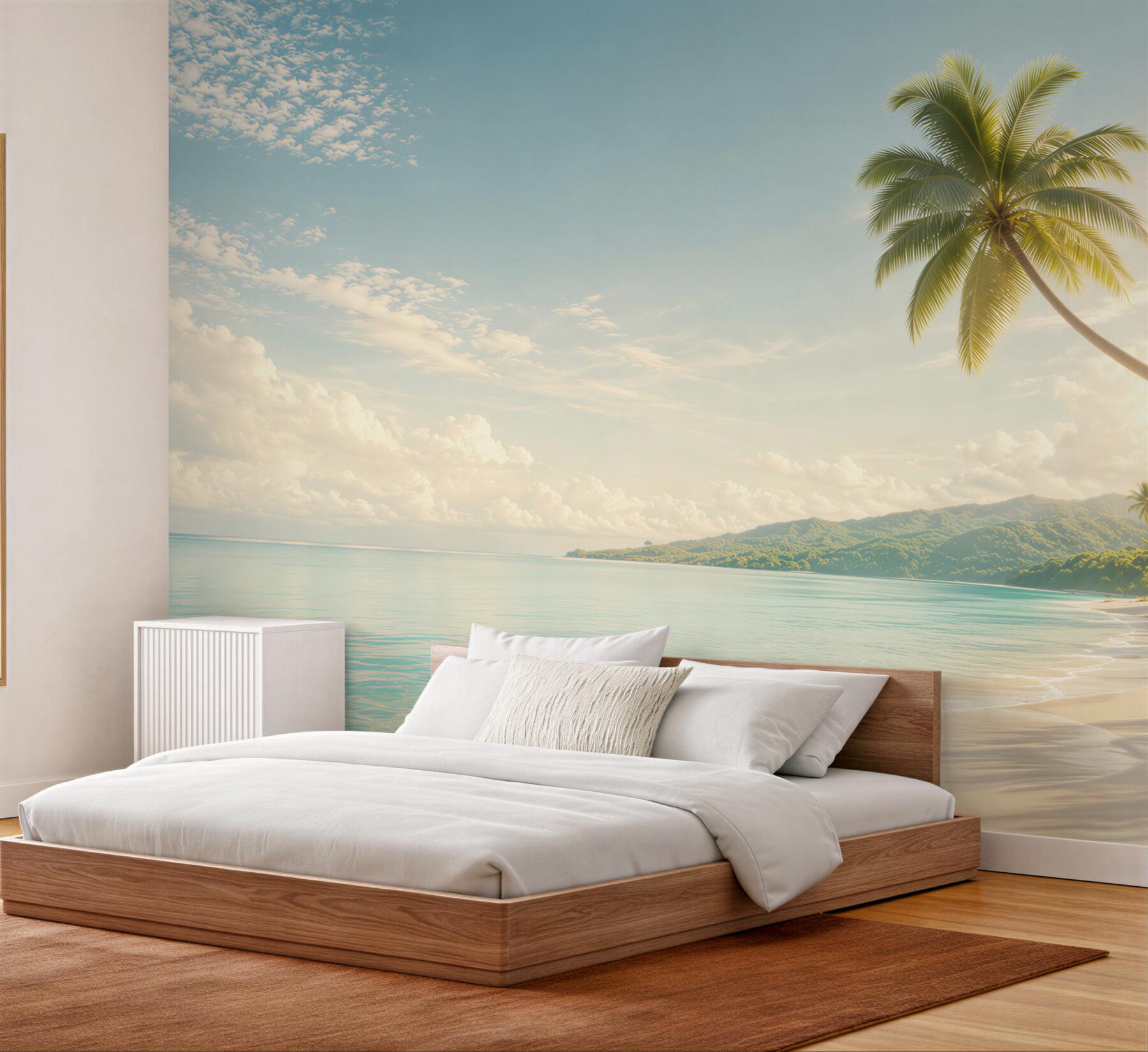 Fototapeta rajska plaża z palmami i górami w pastelowych barwach?v23