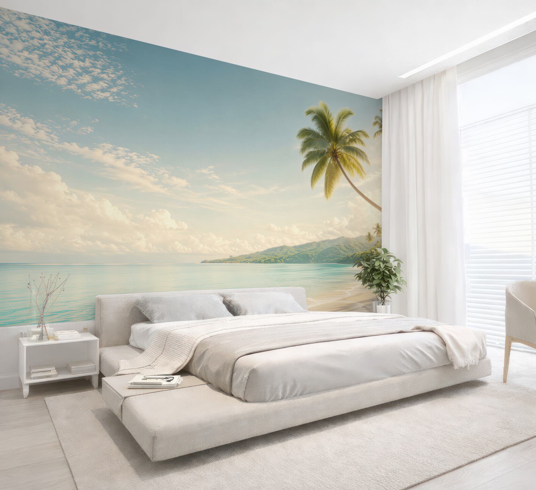 Fototapeta rajska plaża z palmami i górami w pastelowych barwach?v23