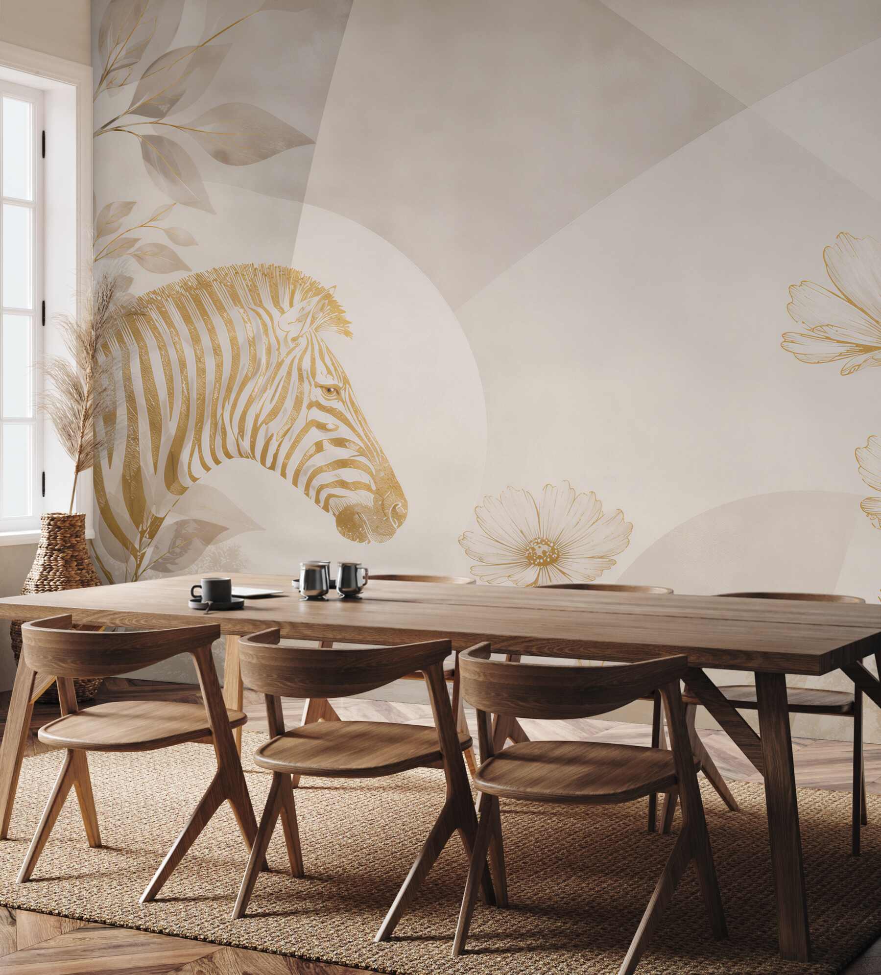 Fototapeta zebra i kwiaty beżowa nowoczesna w stylu safari?v23