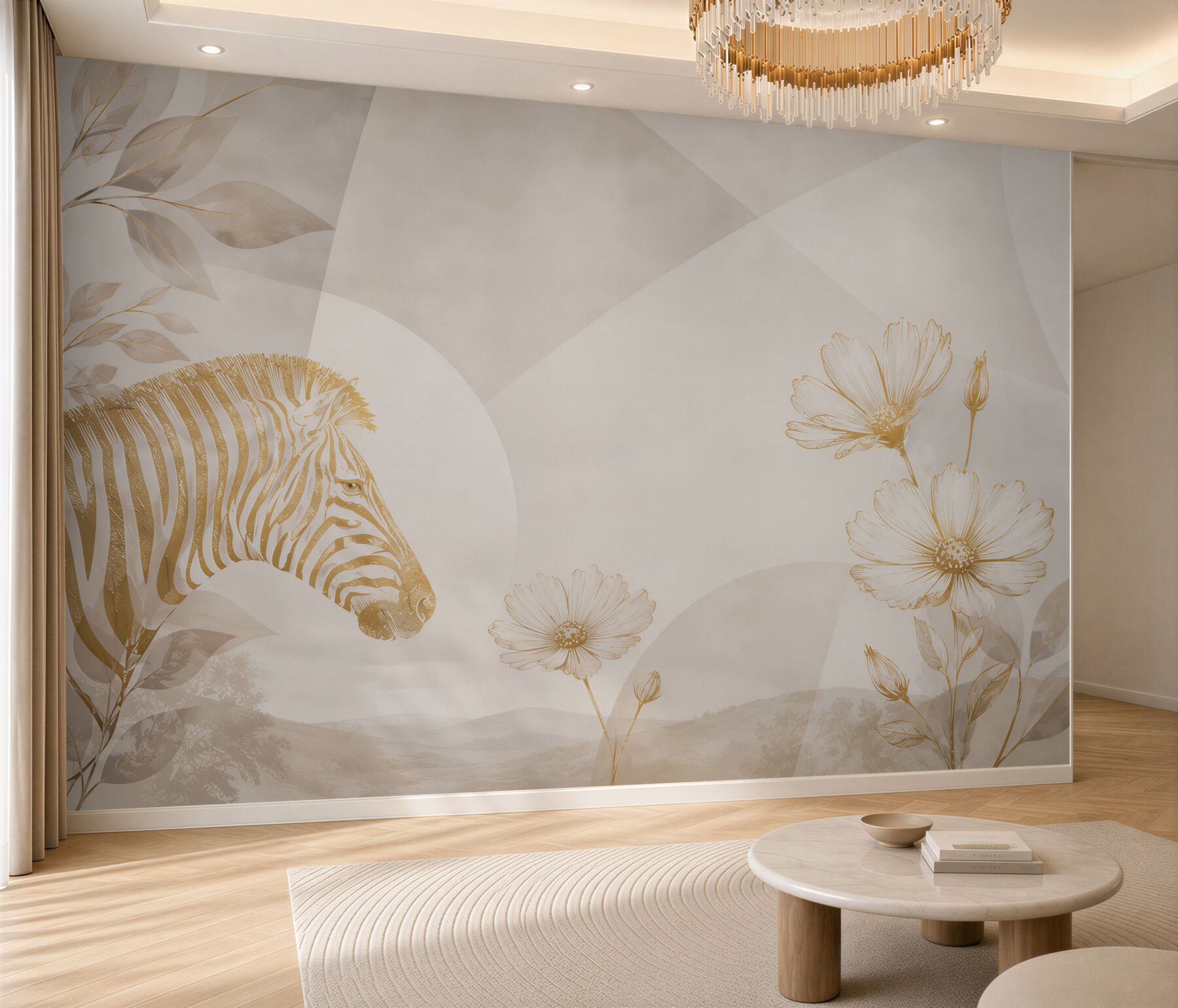 Fototapeta zebra i kwiaty beżowa nowoczesna w stylu safari?v23