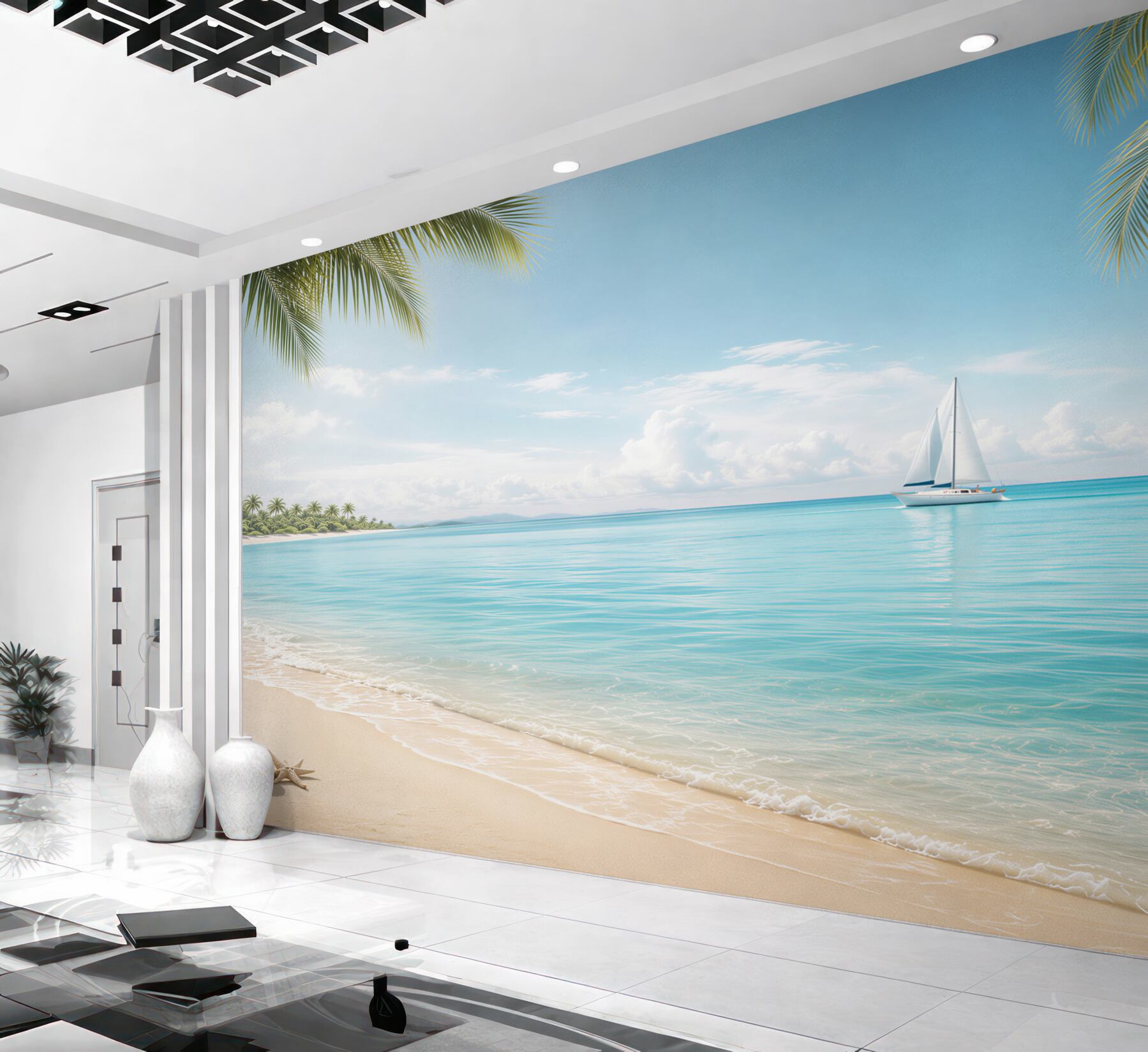 Fototapeta rajska plaża z żaglówką i palmami błękitne morze?v23