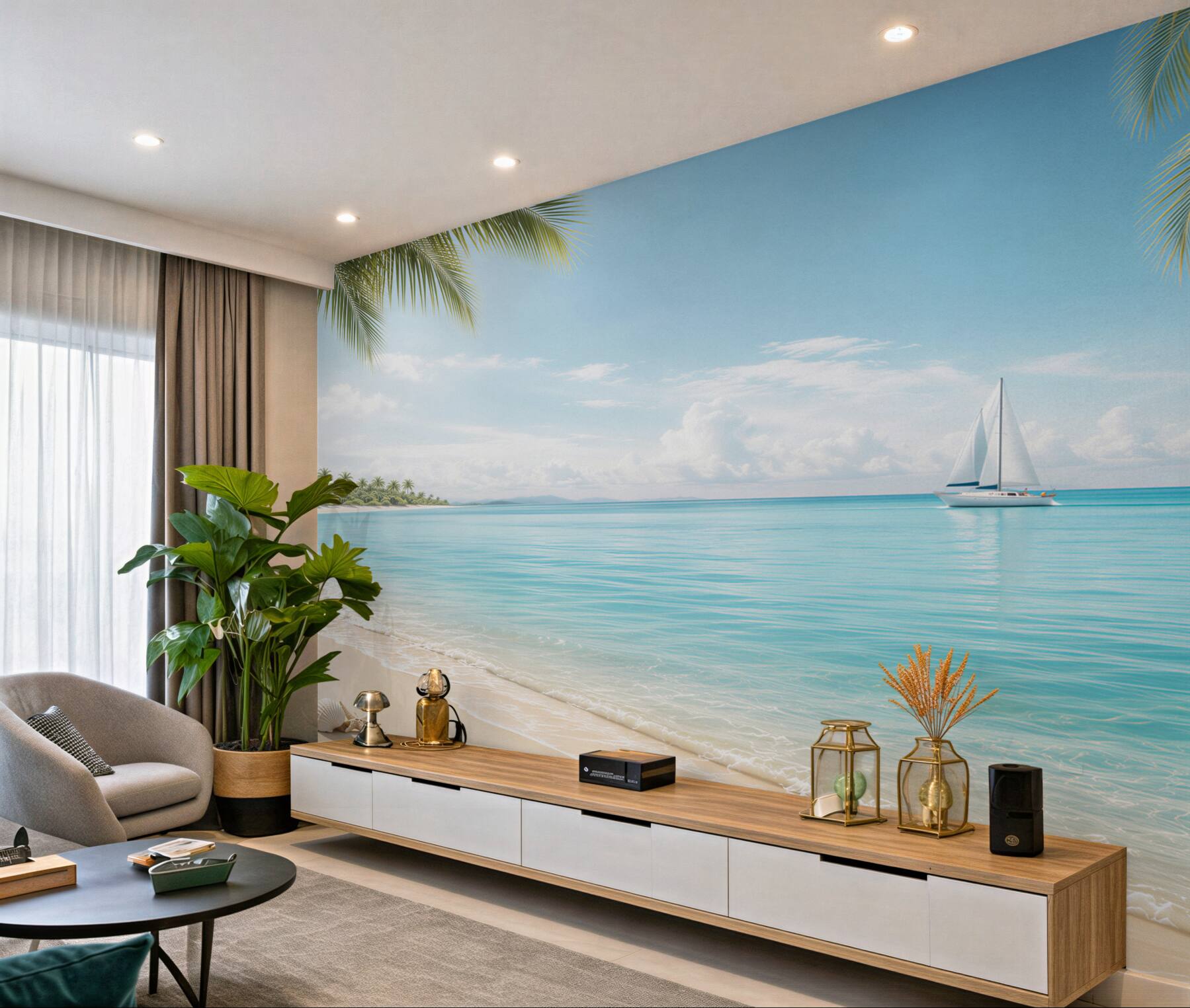Fototapeta rajska plaża z żaglówką i palmami błękitne morze?v23