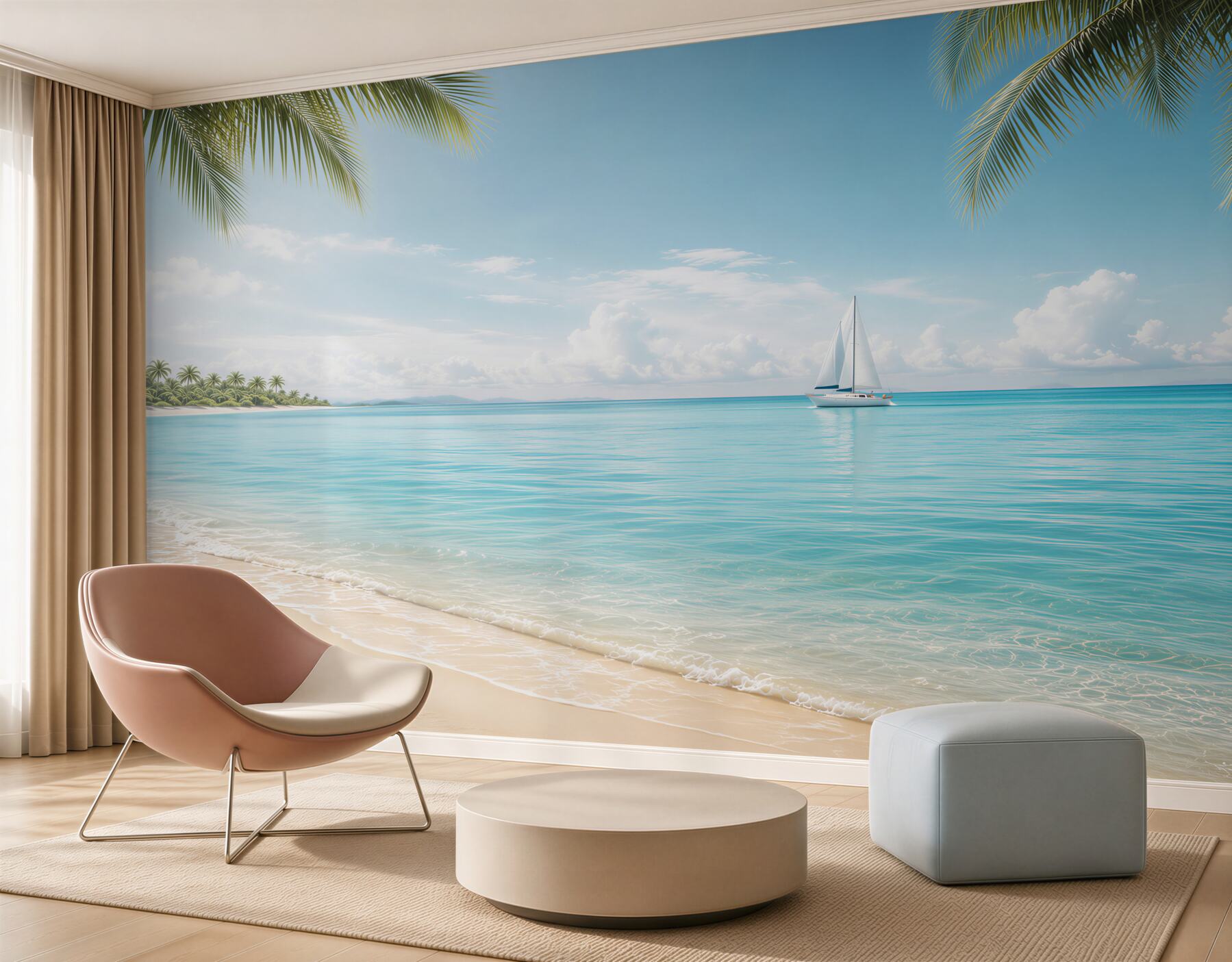 Fototapeta rajska plaża z żaglówką i palmami błękitne morze?v23