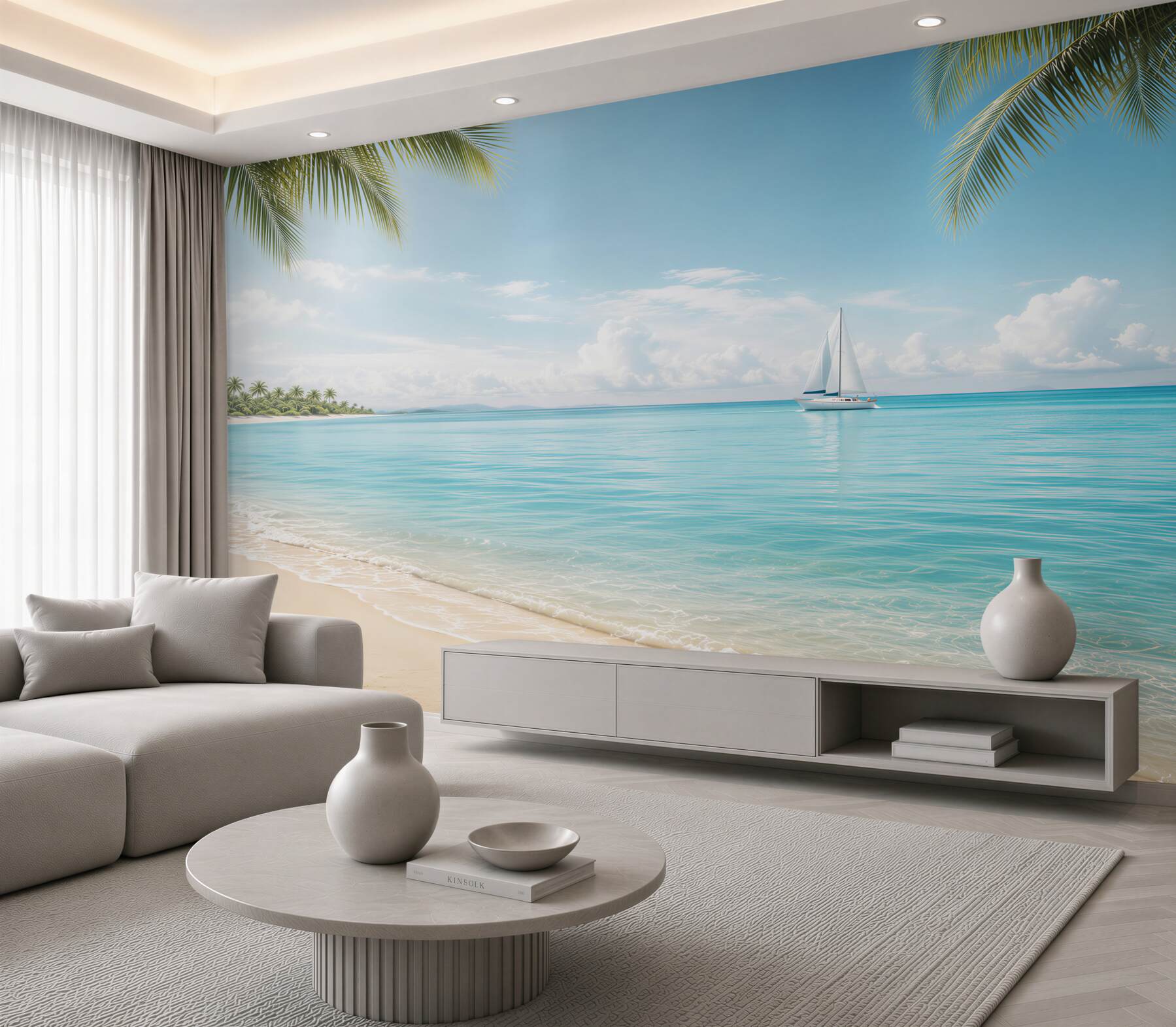 Fototapeta rajska plaża z żaglówką i palmami błękitne morze?v23