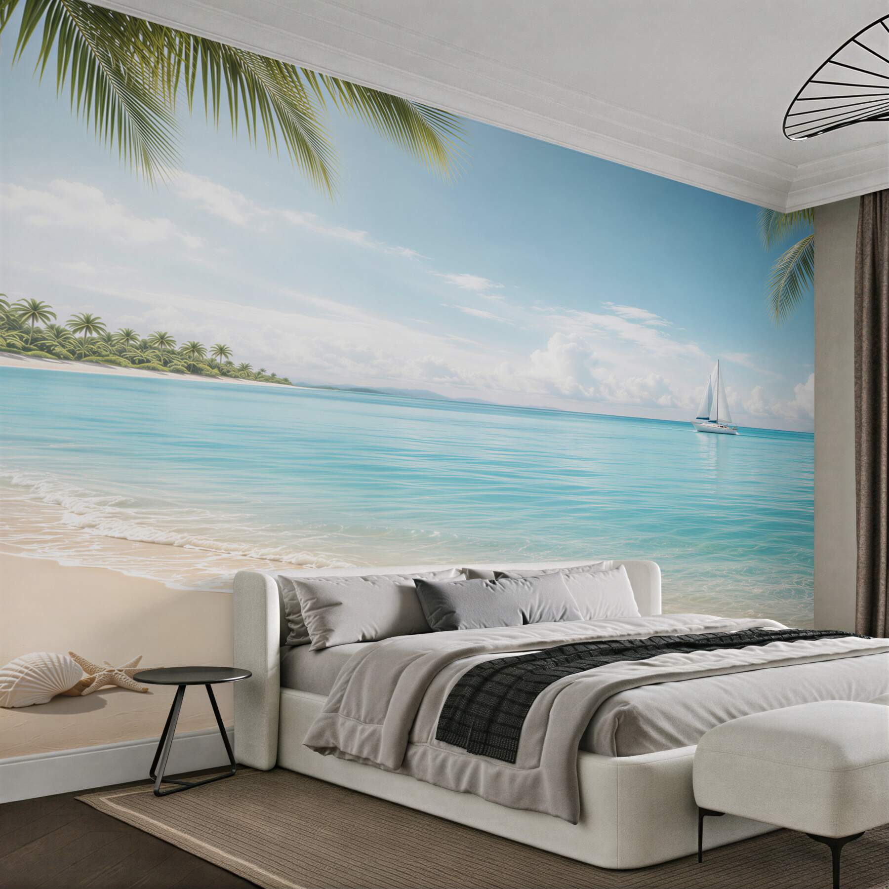 Fototapeta rajska plaża z żaglówką i palmami błękitne morze?v23