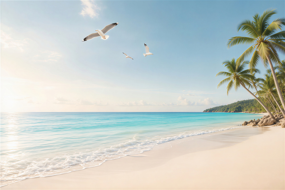 Fototapeta tropikalna plaża z palmami i mewami w jasnych błękitach