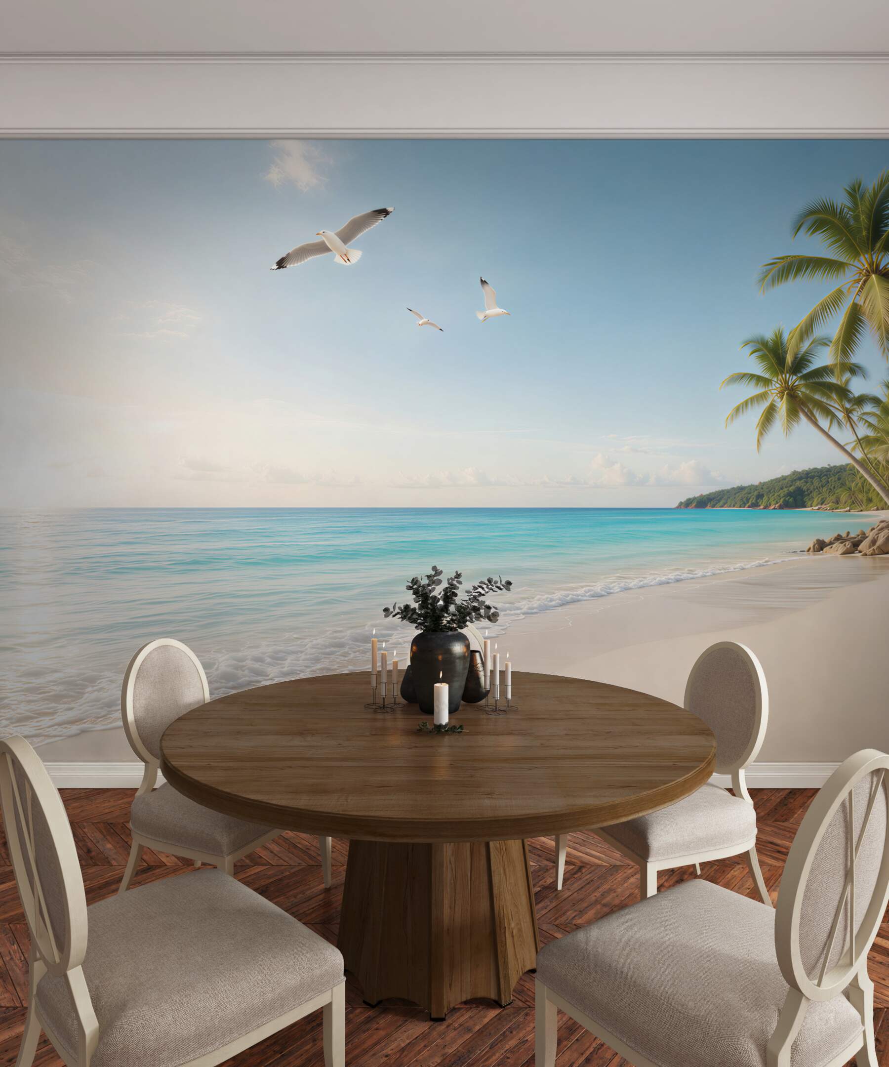 Fototapeta tropikalna plaża z palmami i mewami w jasnych błękitach?v23