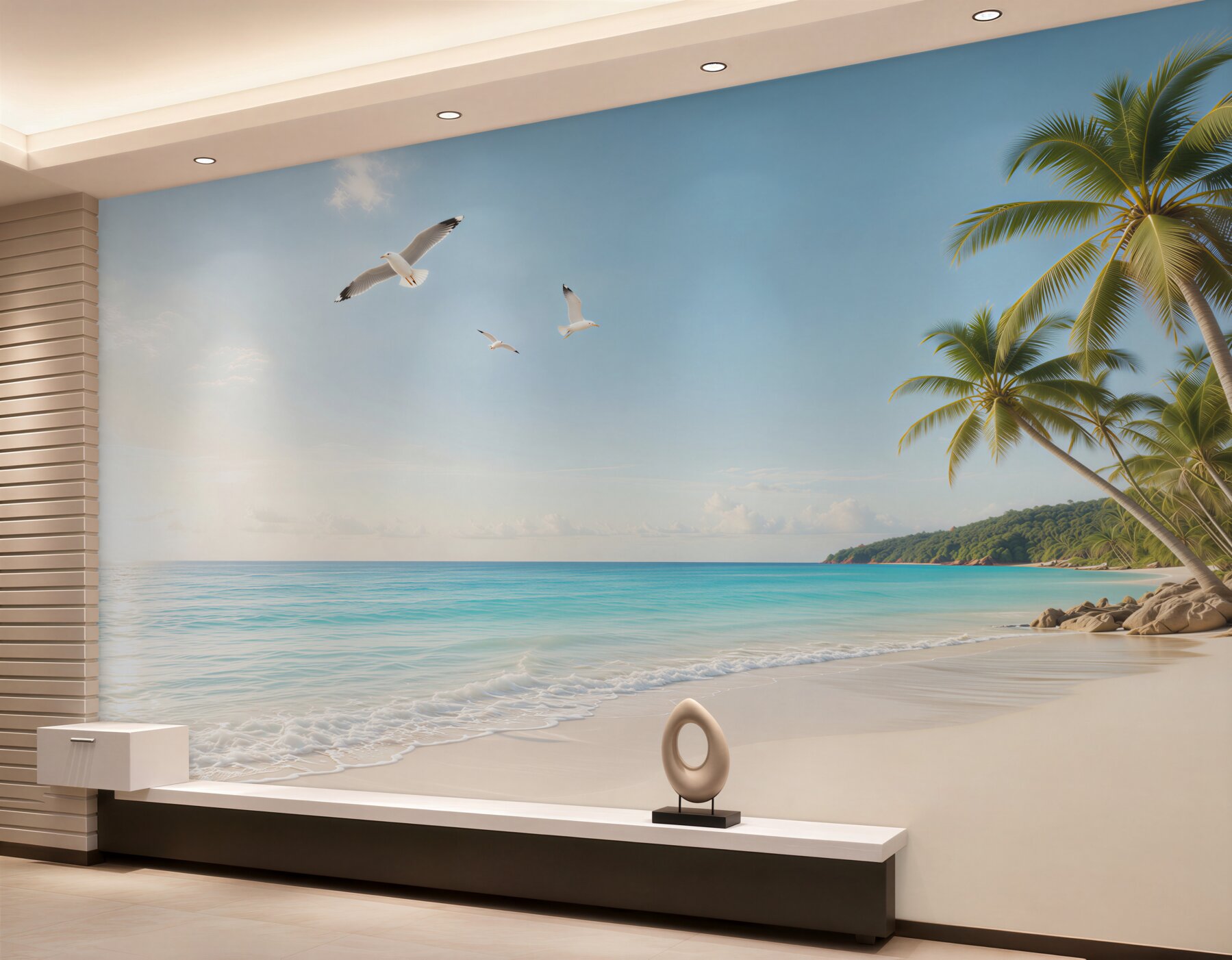 Fototapeta tropikalna plaża z palmami i mewami w jasnych błękitach?v23