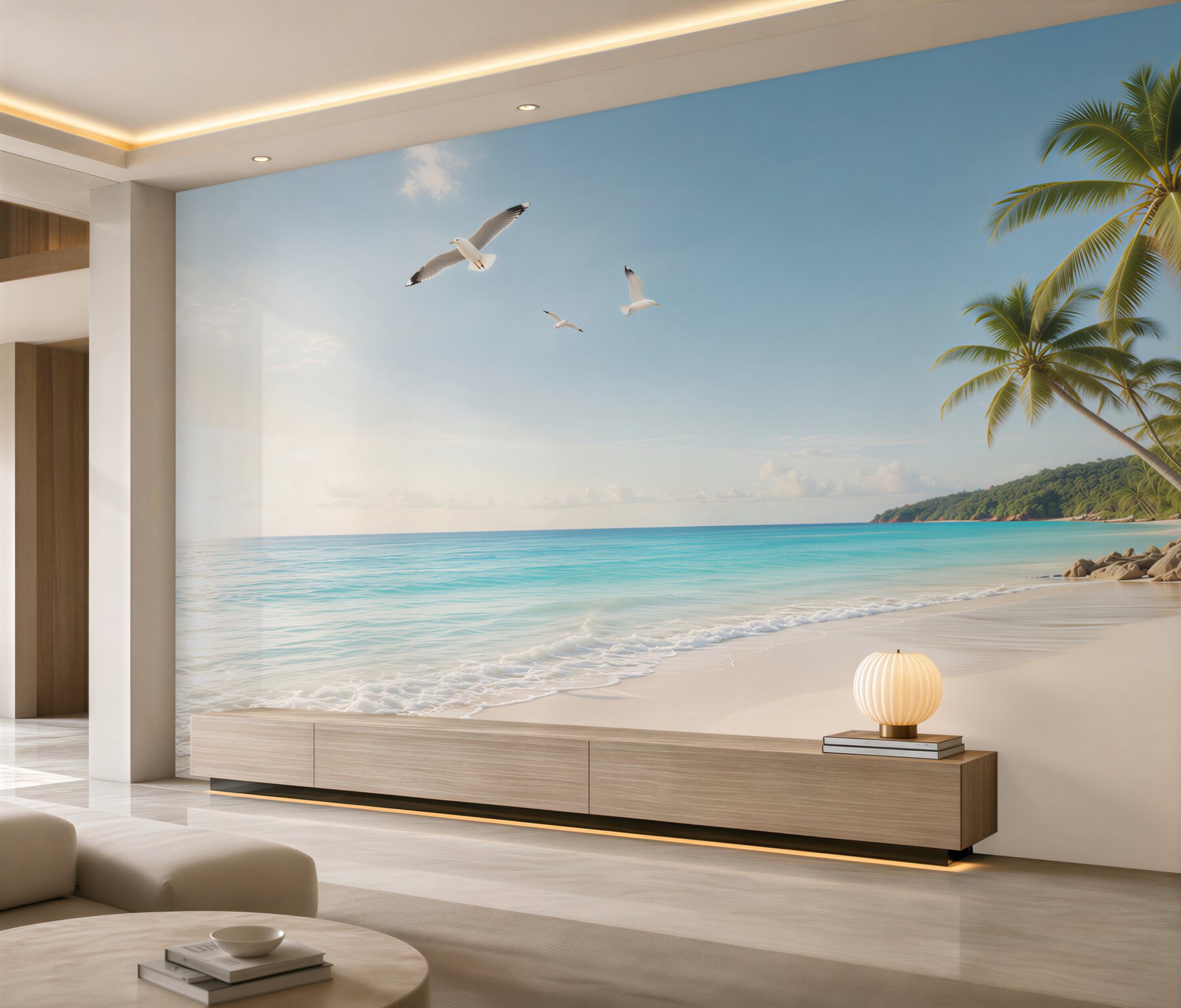Fototapeta tropikalna plaża z palmami i mewami w jasnych błękitach?v23