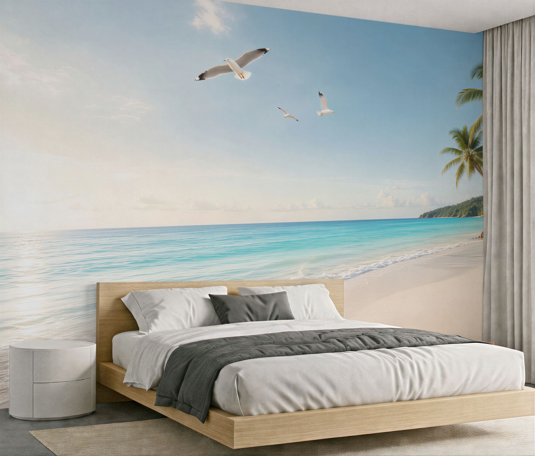 Fototapeta tropikalna plaża z palmami i mewami w jasnych błękitach?v23