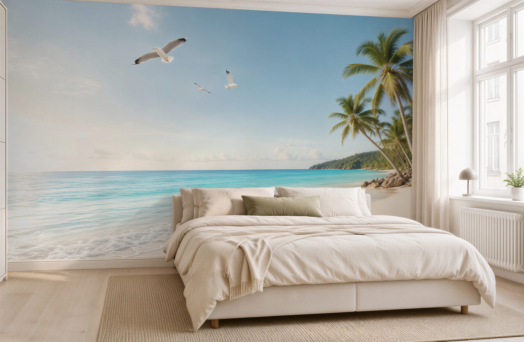 Fototapeta tropikalna plaża z palmami i mewami w jasnych błękitach?v23