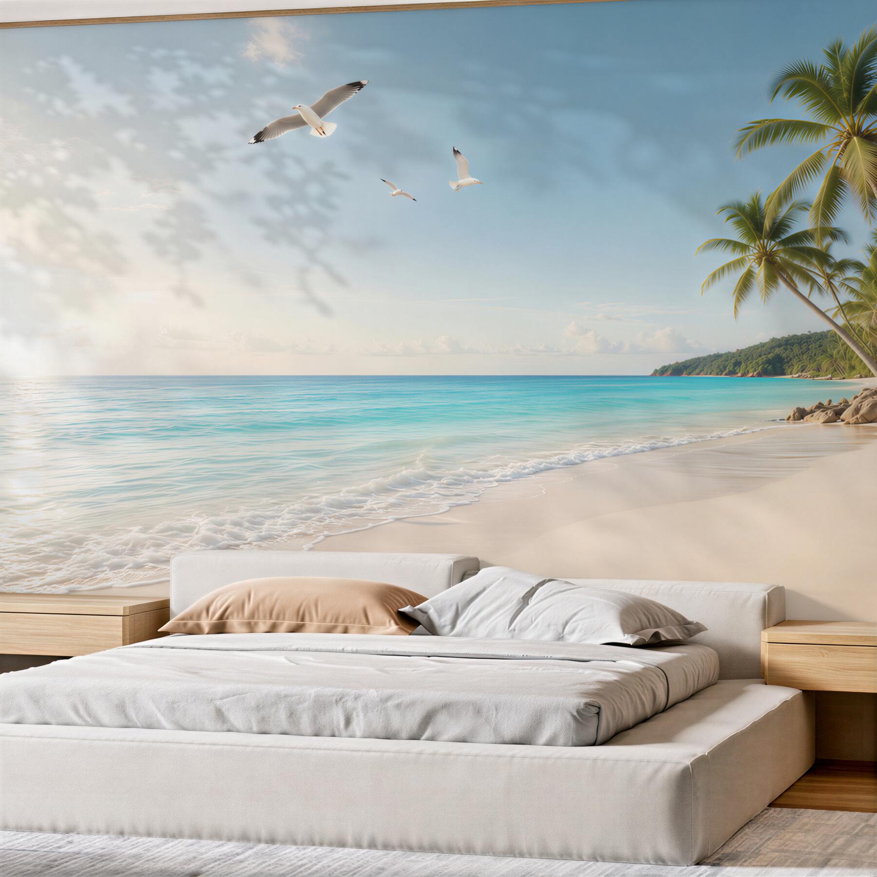 Fototapeta tropikalna plaża z palmami i mewami w jasnych błękitach?v23