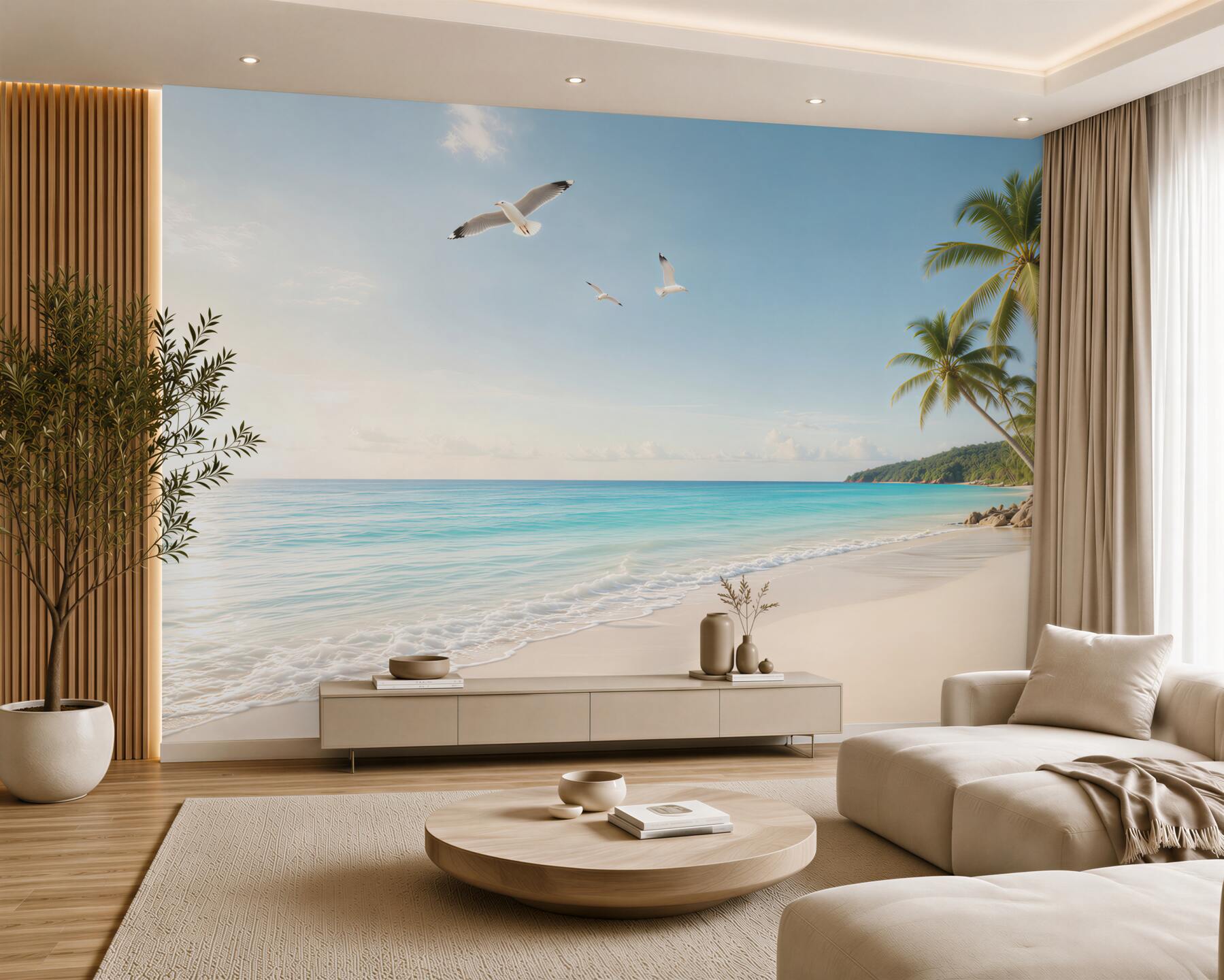 Fototapeta tropikalna plaża z palmami i mewami w jasnych błękitach?v23