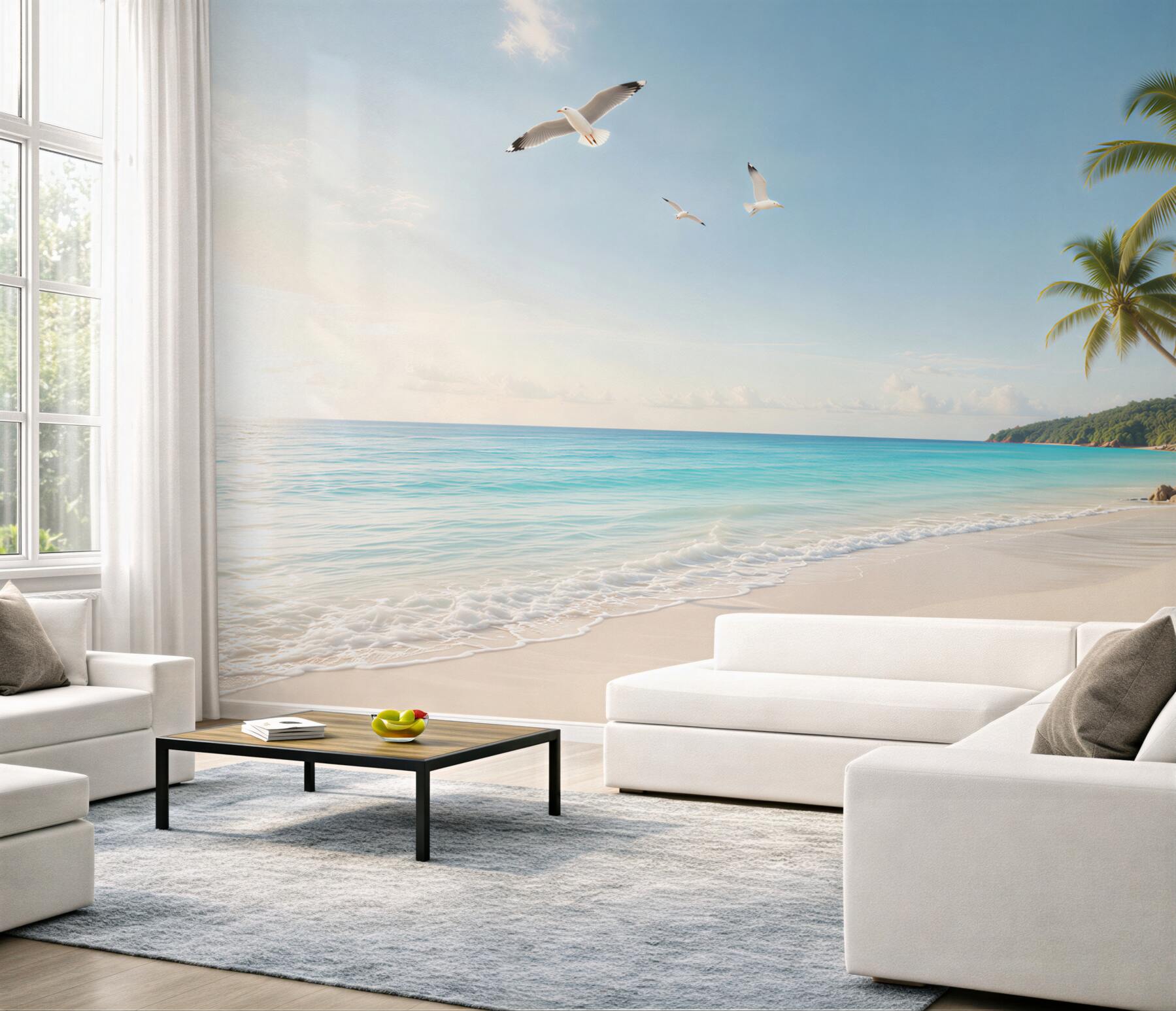 Fototapeta tropikalna plaża z palmami i mewami w jasnych błękitach?v23
