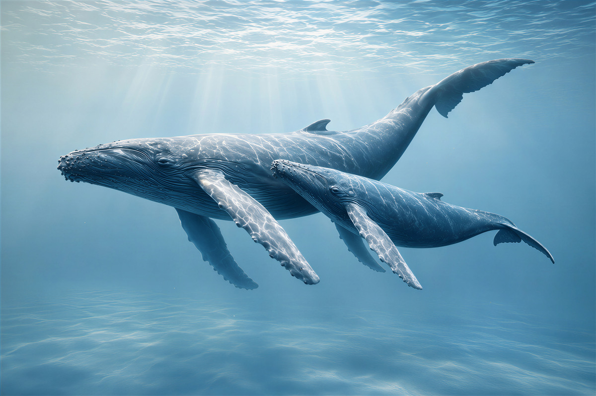 Fototapeta wieloryby pod wodą w błękitnym oceanie spokojna