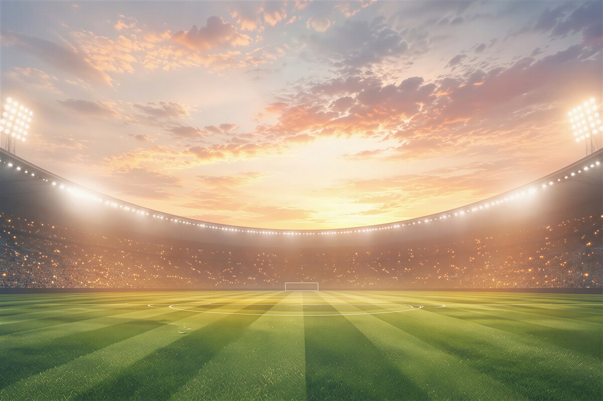 Fototapeta stadion piłkarski o zachodzie słońca z zieloną murawą