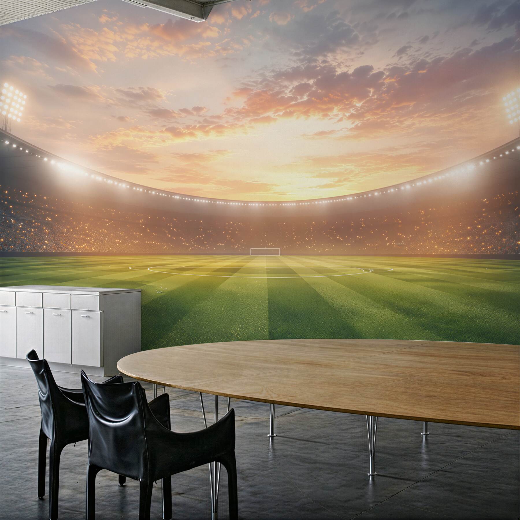 Fototapeta stadion piłkarski o zachodzie słońca z zieloną murawą