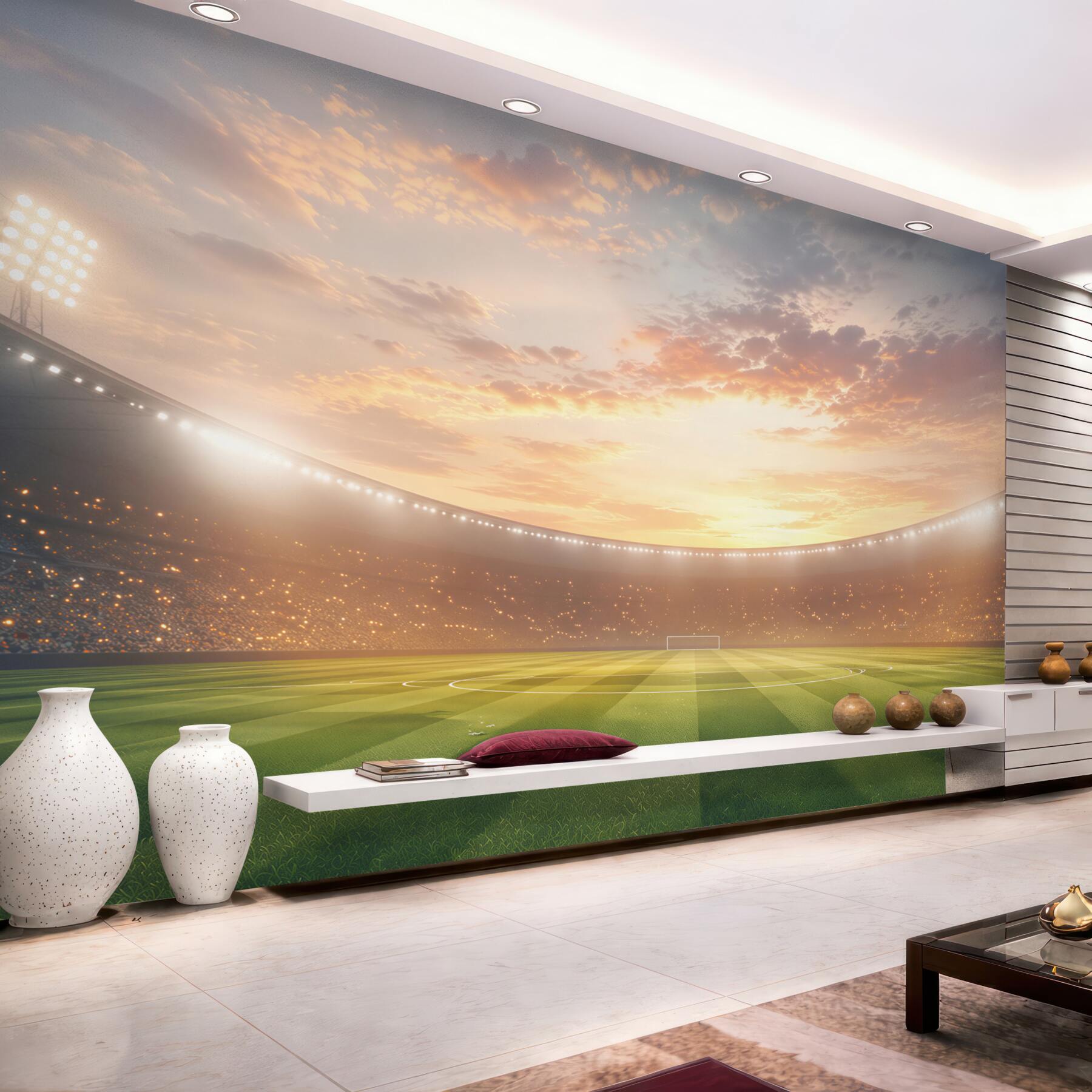 Fototapeta stadion piłkarski o zachodzie słońca z zieloną murawą?v23