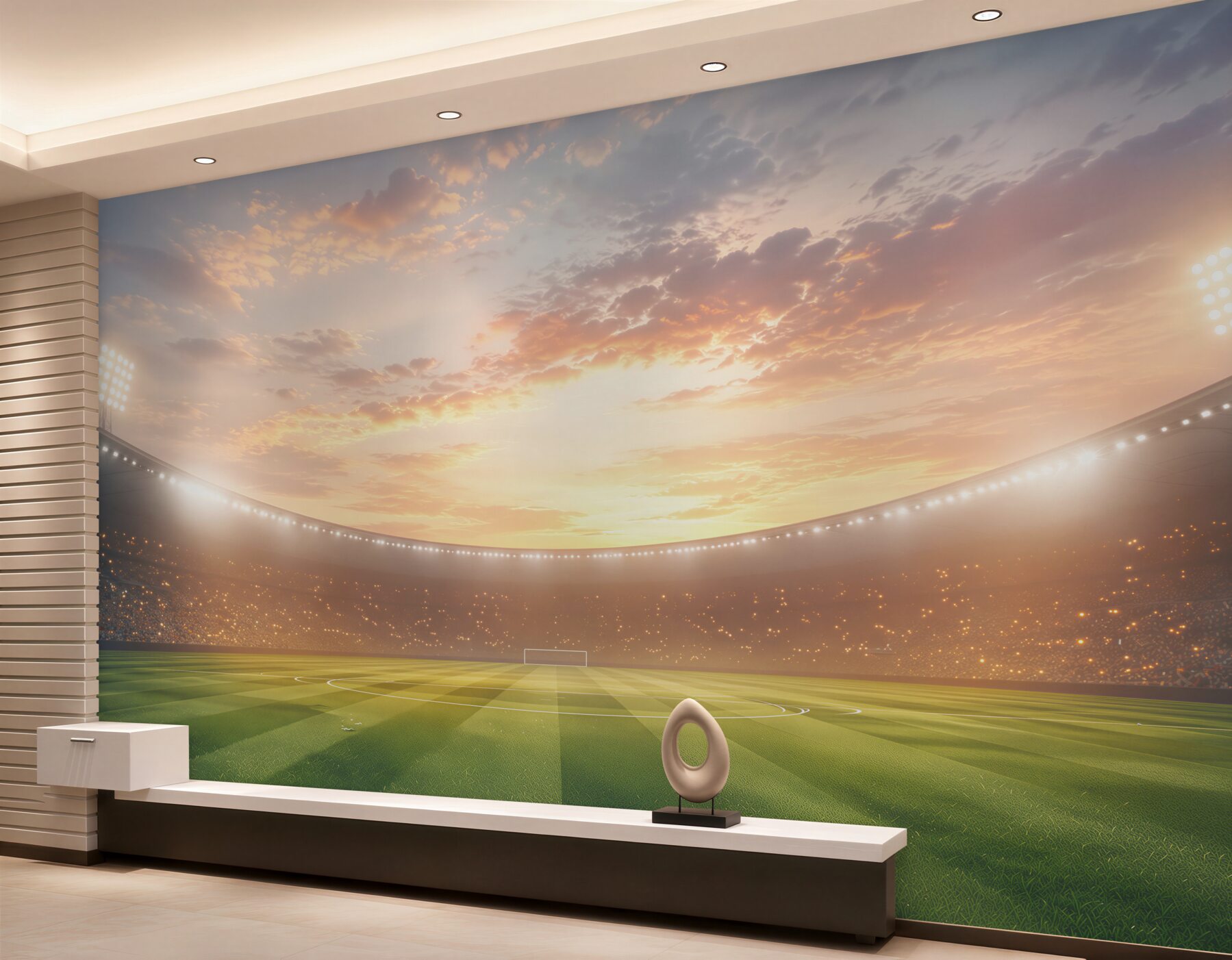 Fototapeta stadion piłkarski o zachodzie słońca z zieloną murawą?v23