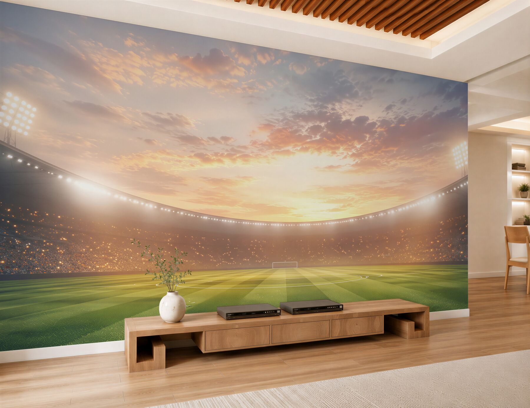 Fototapeta stadion piłkarski o zachodzie słońca z zieloną murawą?v23