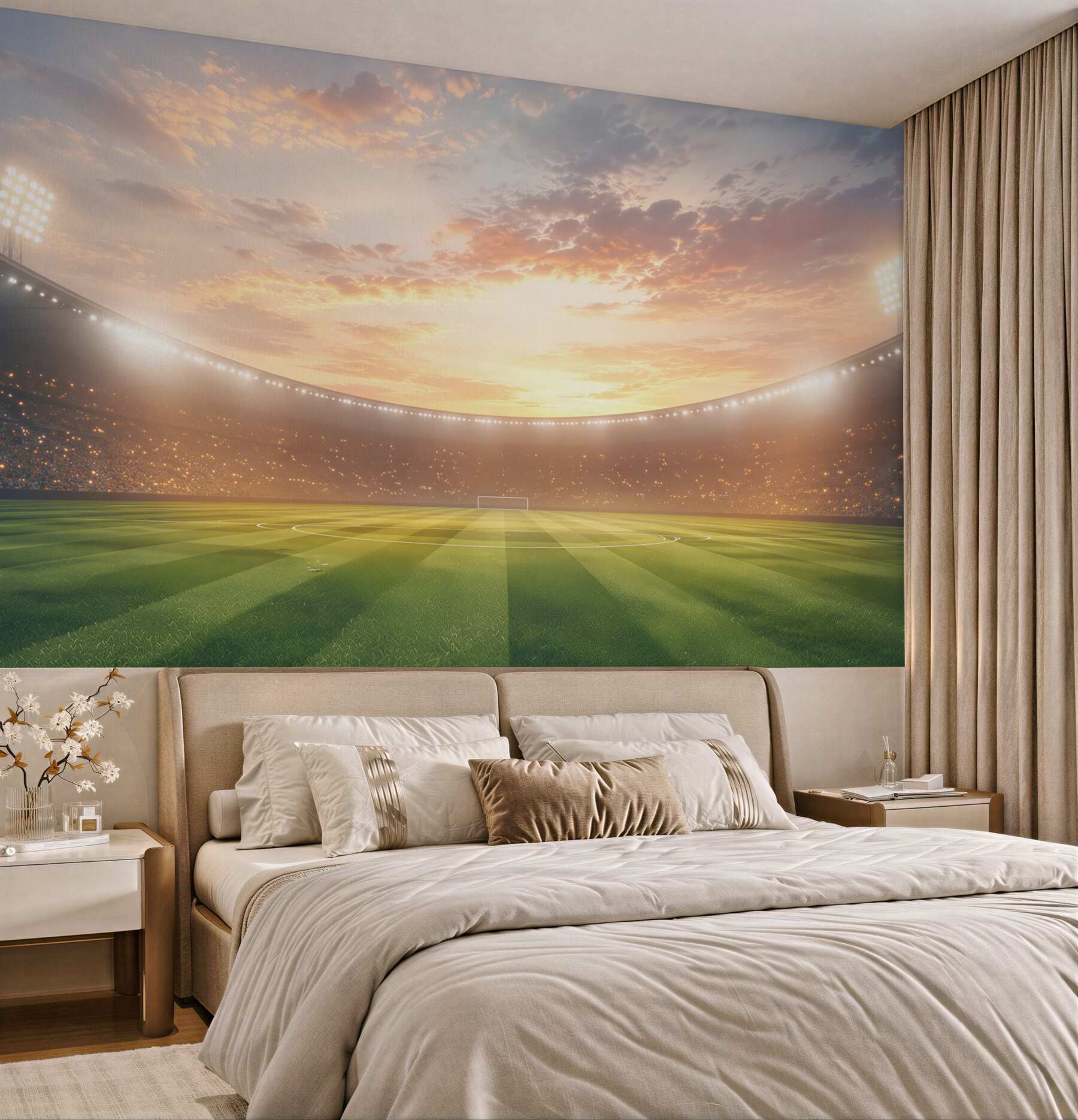 Fototapeta stadion piłkarski o zachodzie słońca z zieloną murawą?v23