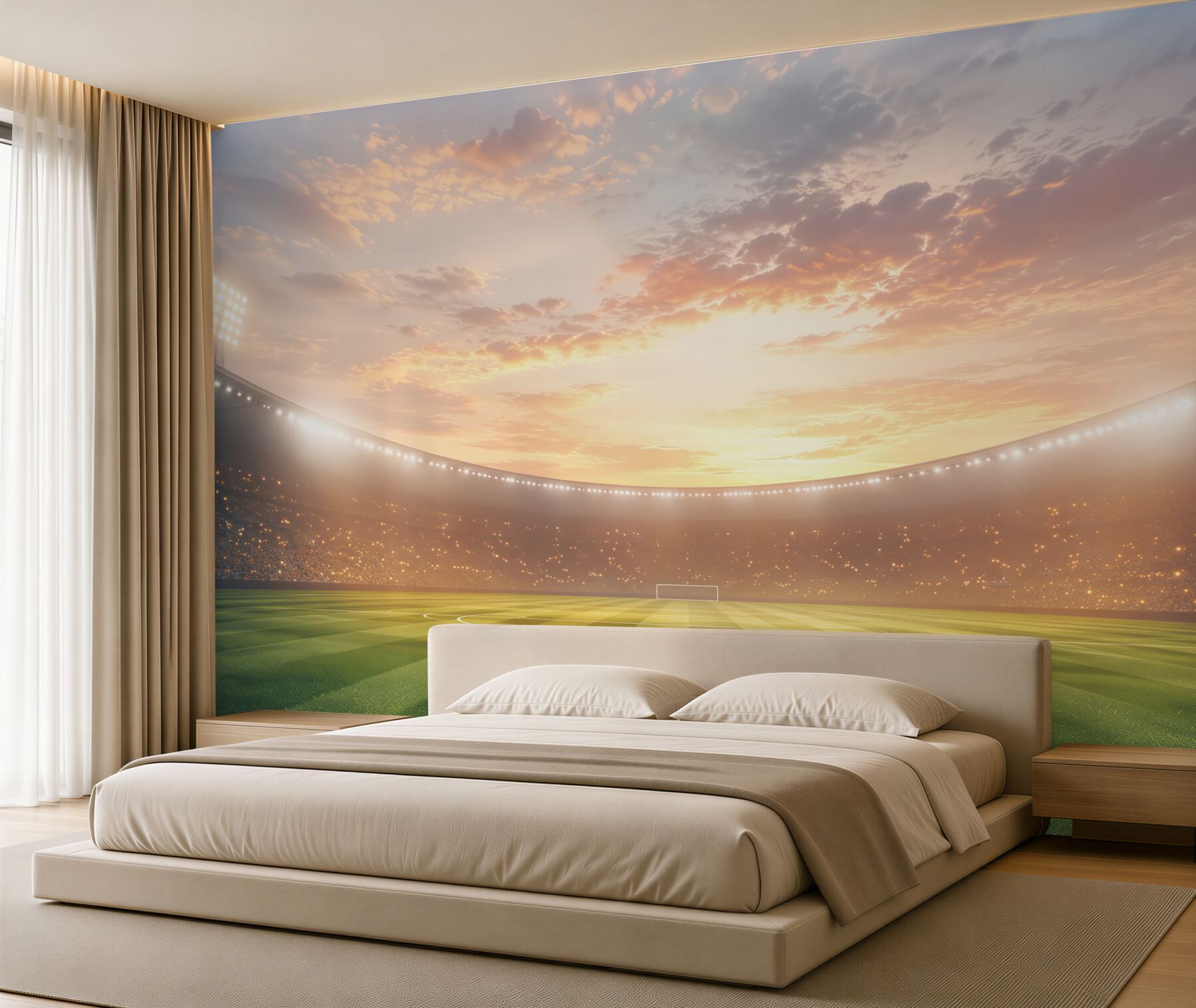 Fototapeta stadion piłkarski o zachodzie słońca z zieloną murawą?v23