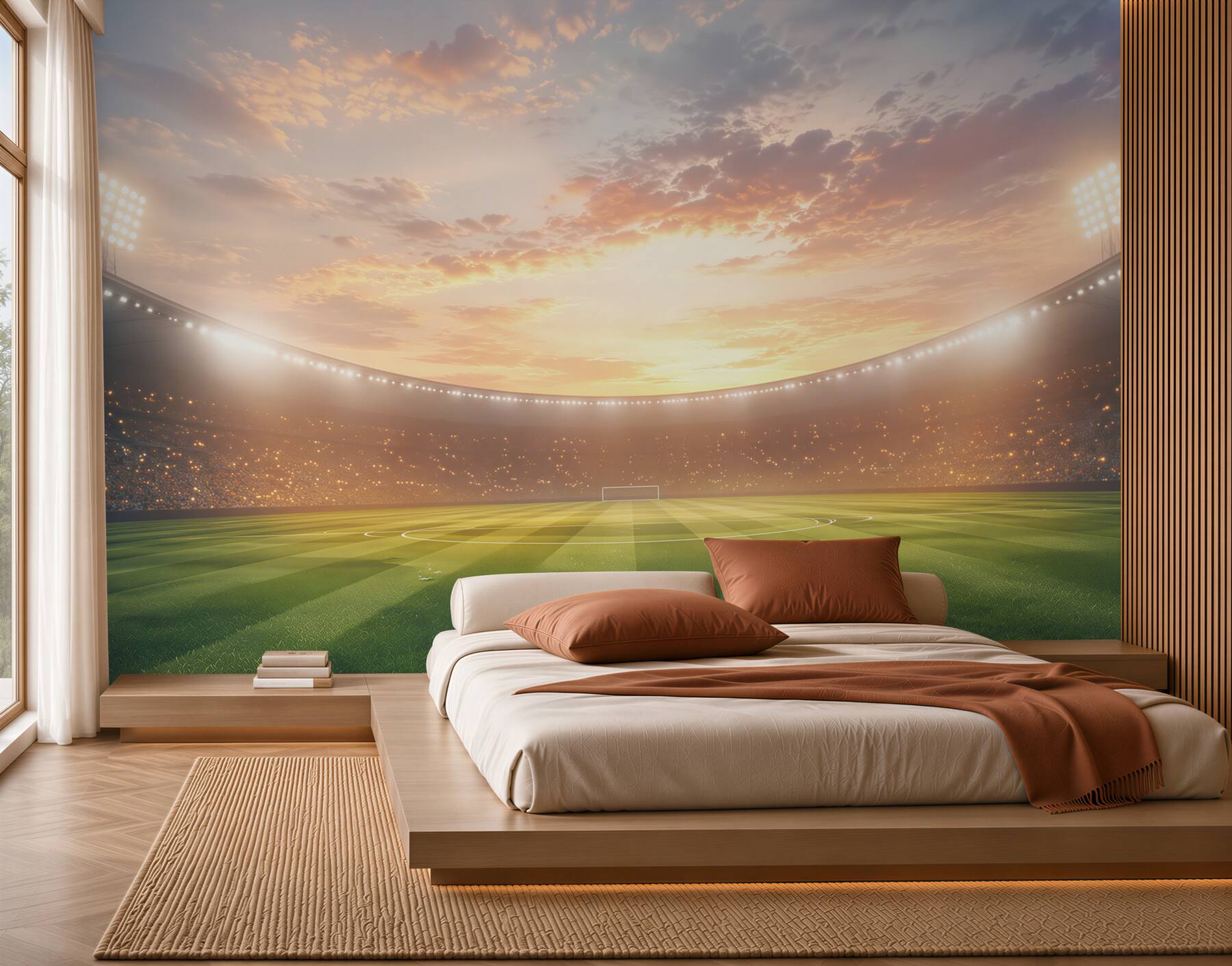 Fototapeta stadion piłkarski o zachodzie słońca z zieloną murawą?v23