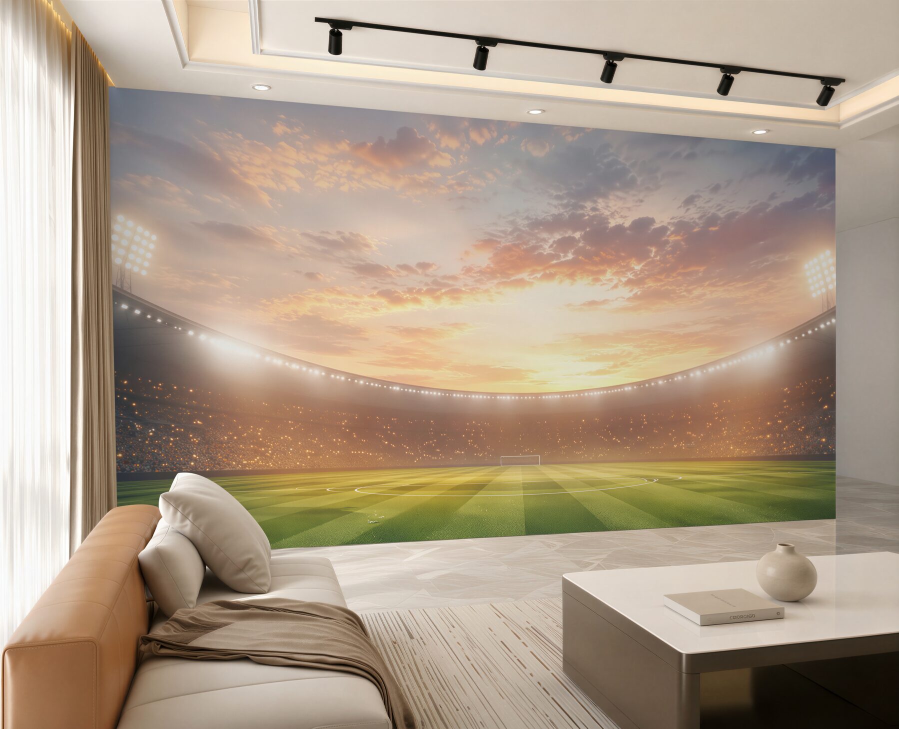 Fototapeta stadion piłkarski o zachodzie słońca z zieloną murawą?v23