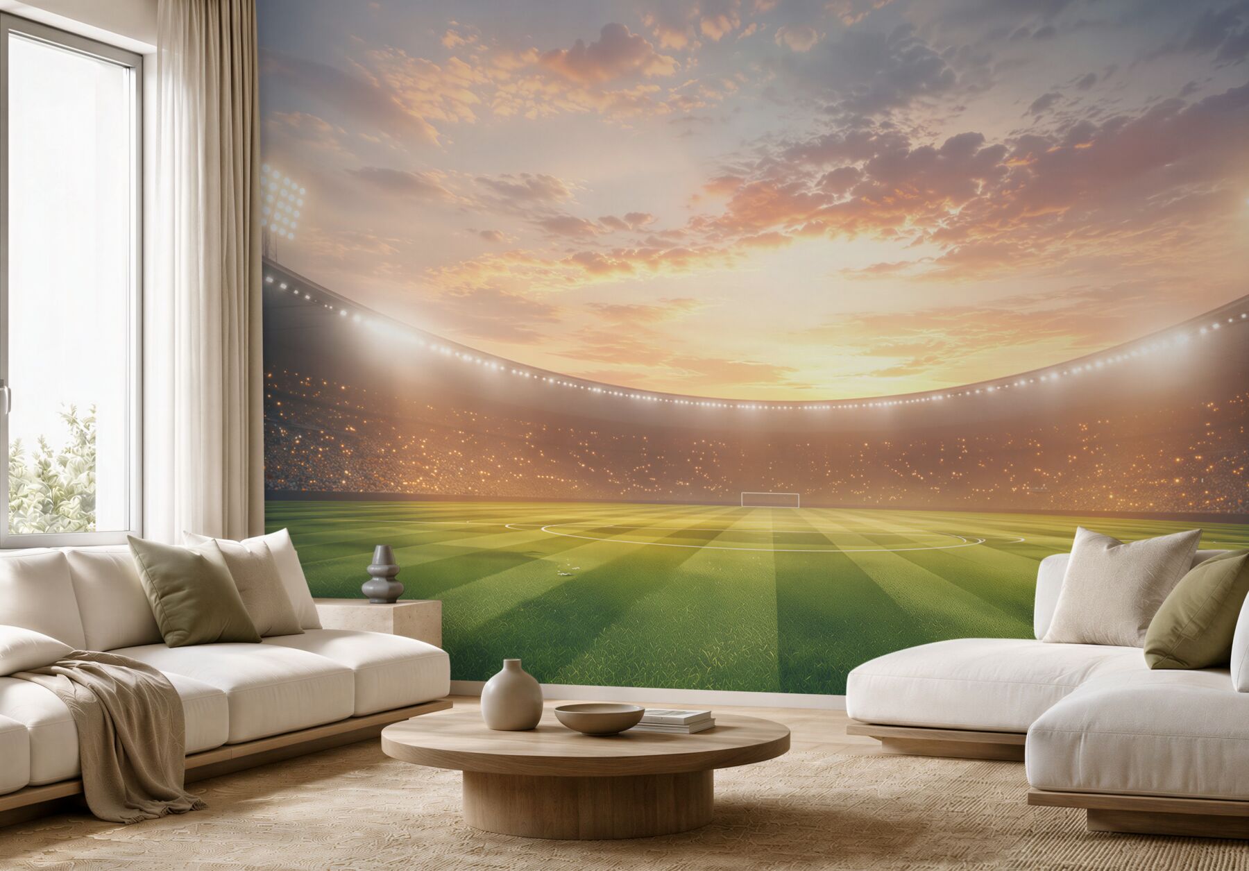 Fototapeta stadion piłkarski o zachodzie słońca z zieloną murawą?v23
