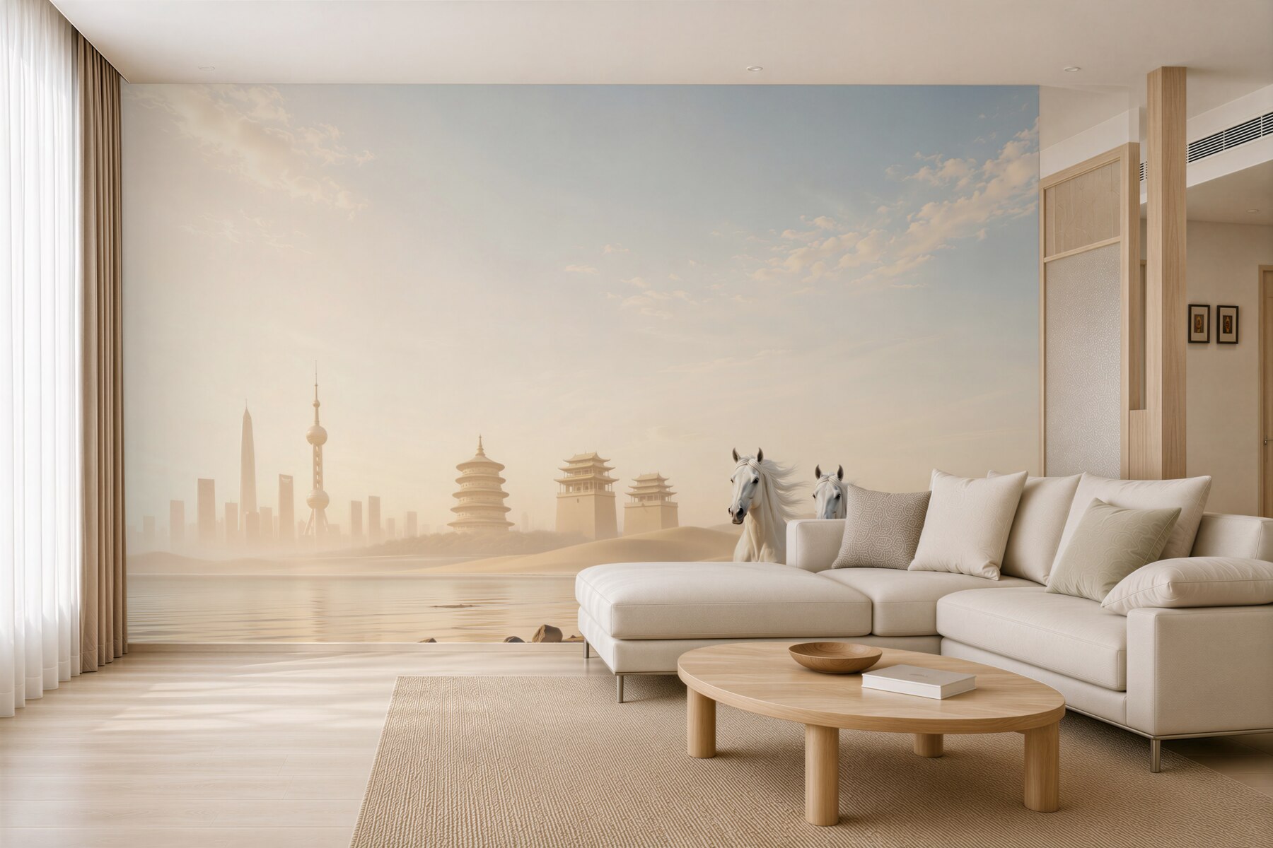 Fototapeta białe konie na pustyni z orientalnym miastem we mgle
