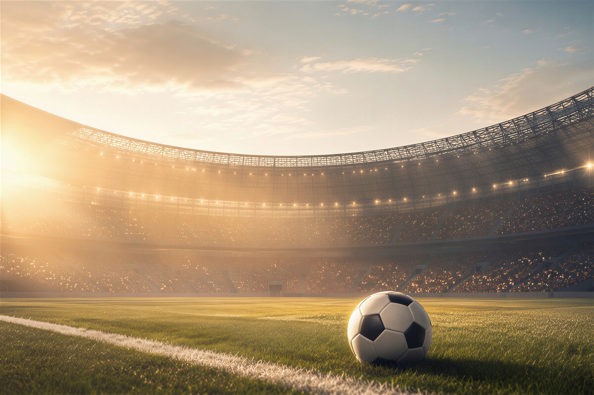 Fototapeta piłka nożna na stadionie o zachodzie słońca sportowa