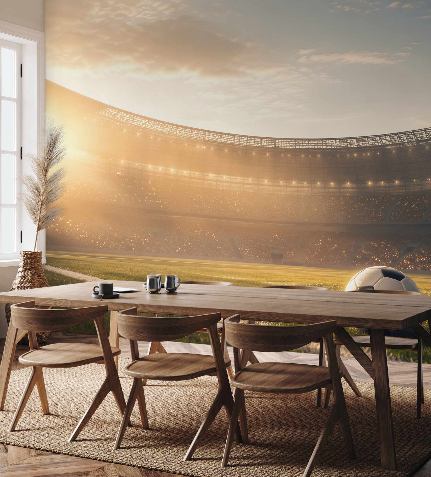 Fototapeta piłka nożna na stadionie o zachodzie słońca sportowa?v23