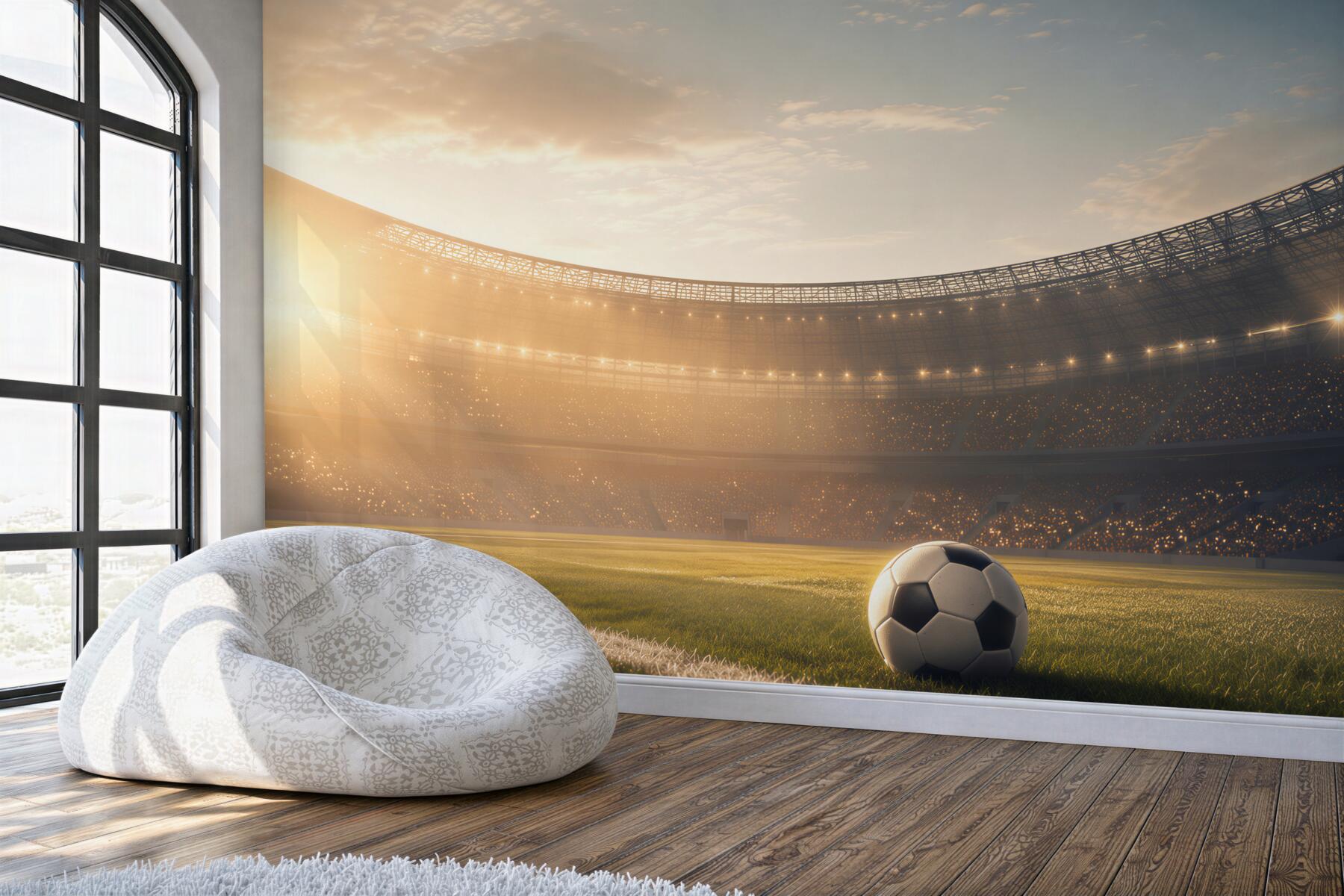 Fototapeta piłka nożna na stadionie o zachodzie słońca sportowa?v23