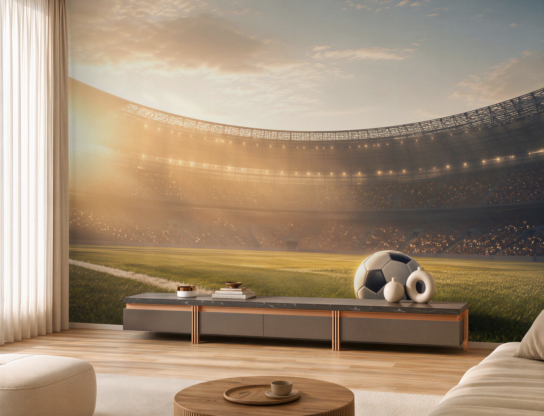 Fototapeta piłka nożna na stadionie o zachodzie słońca sportowa