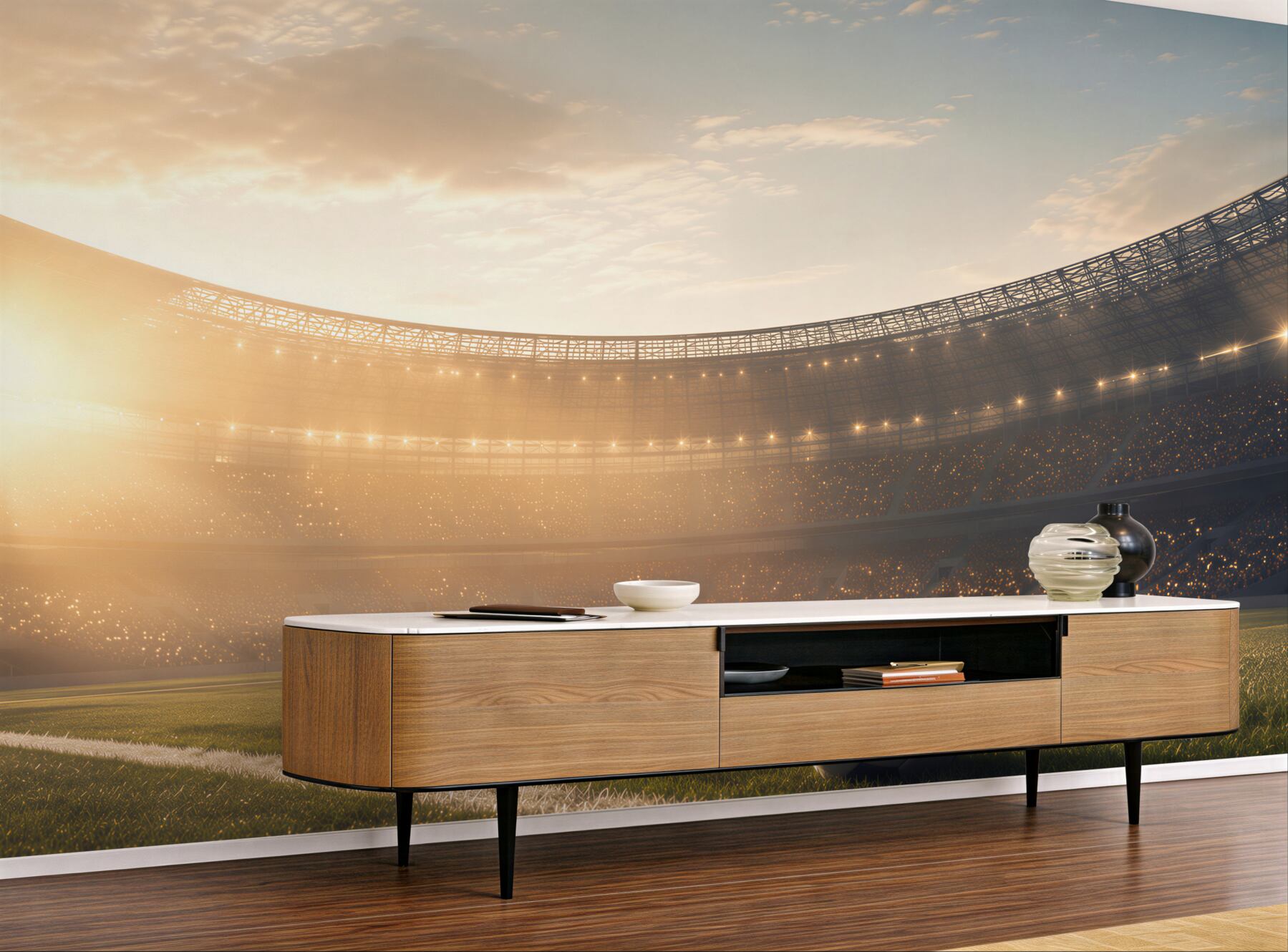 Fototapeta piłka nożna na stadionie o zachodzie słońca sportowa?v23