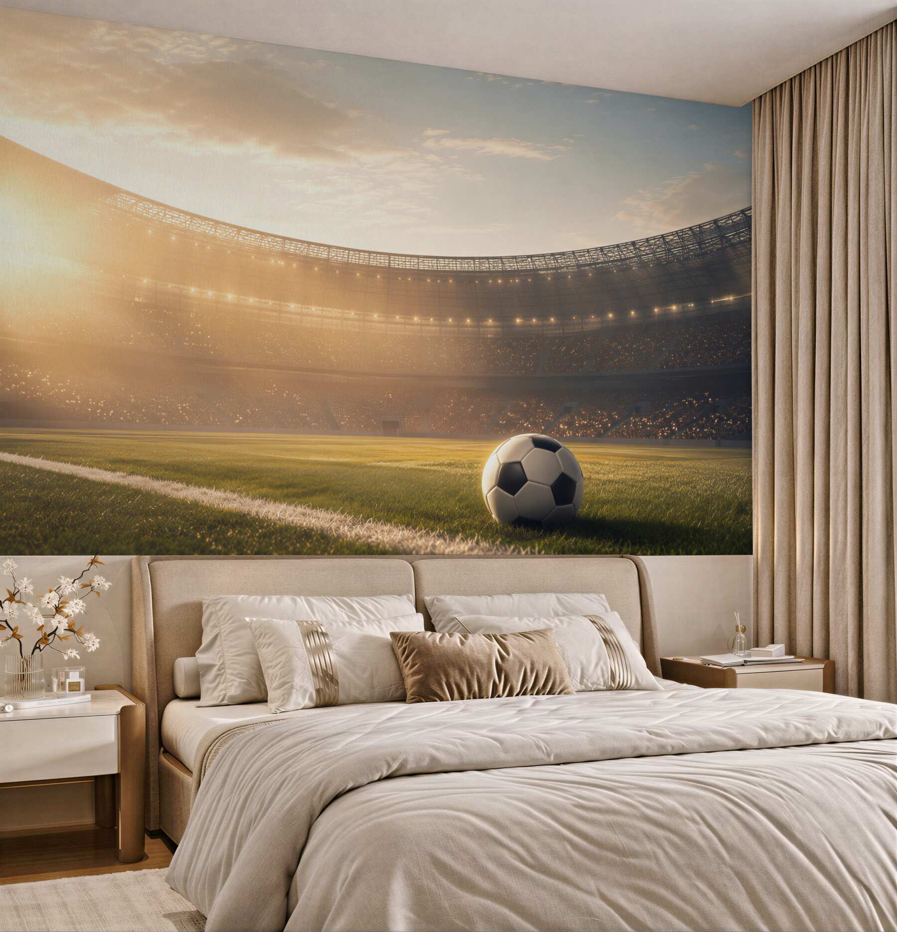 Fototapeta piłka nożna na stadionie o zachodzie słońca sportowa?v23