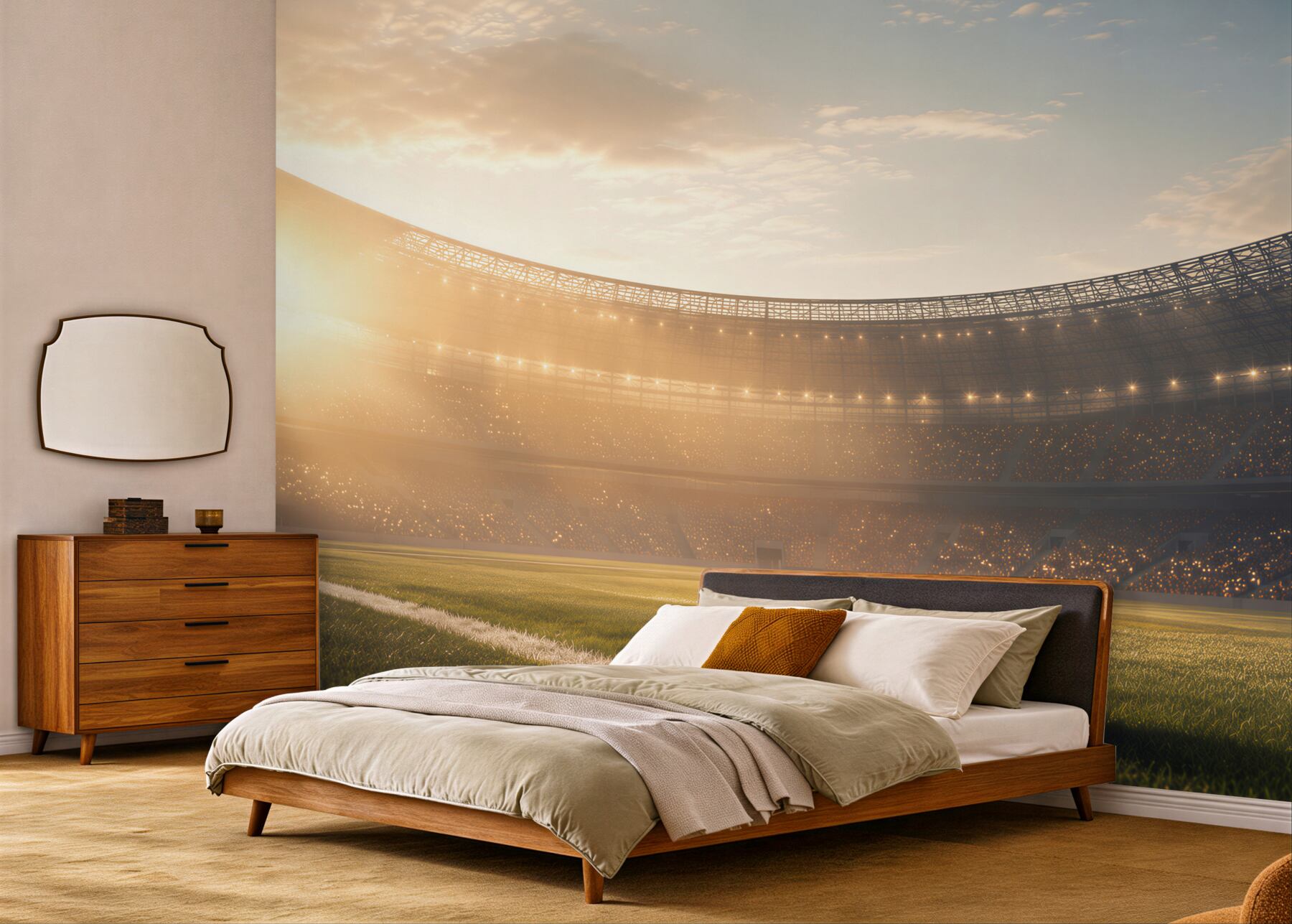 Fototapeta piłka nożna na stadionie o zachodzie słońca sportowa?v23