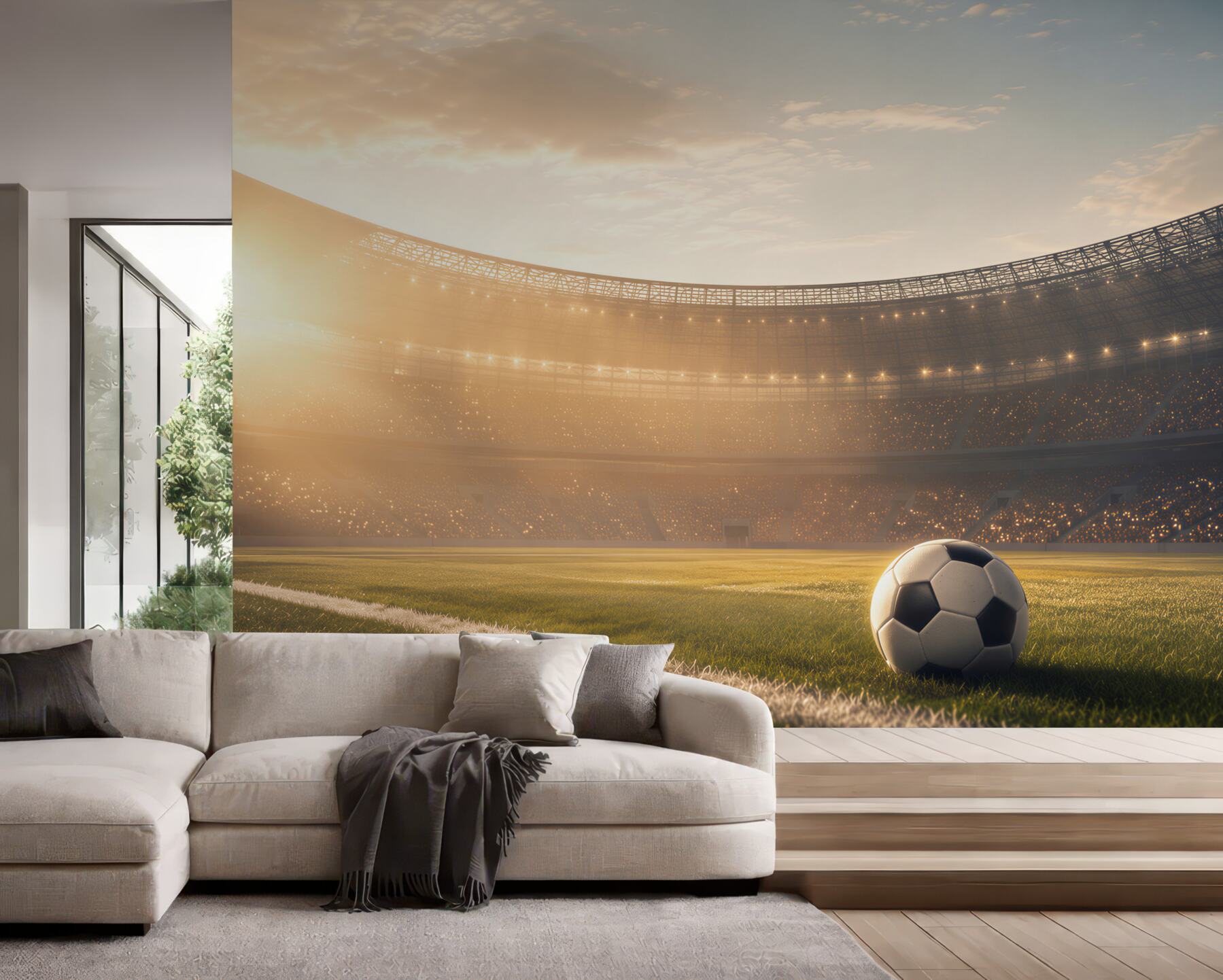 Fototapeta piłka nożna na stadionie o zachodzie słońca sportowa?v23