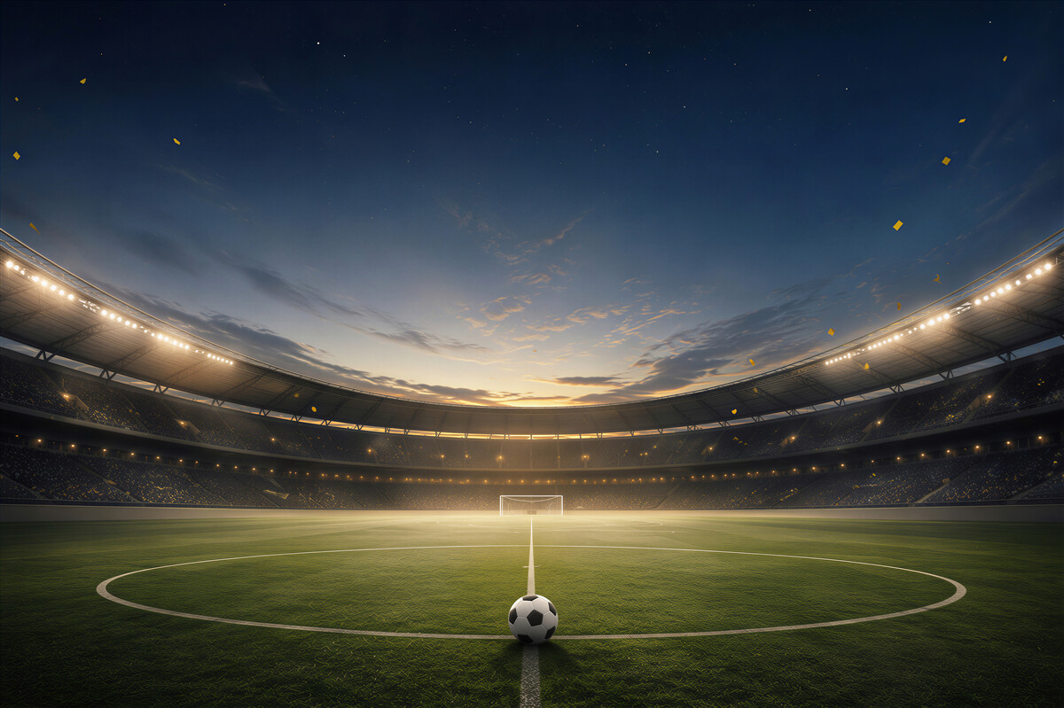 Fototapeta stadion piłkarski z piłką o zachodzie słońca do pokoju fana futbolu