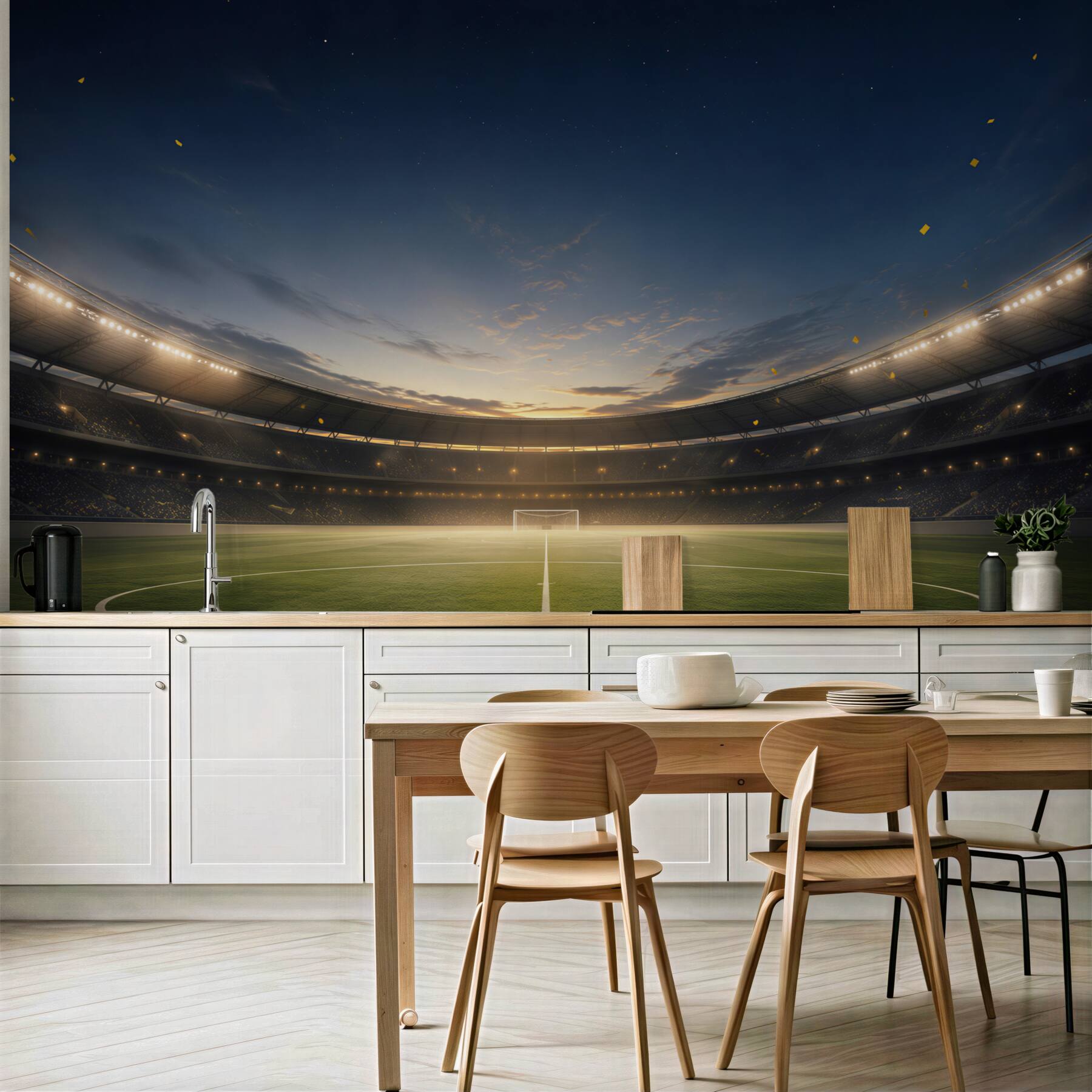 Fototapeta stadion piłkarski z piłką o zachodzie słońca do pokoju fana futbolu?v23