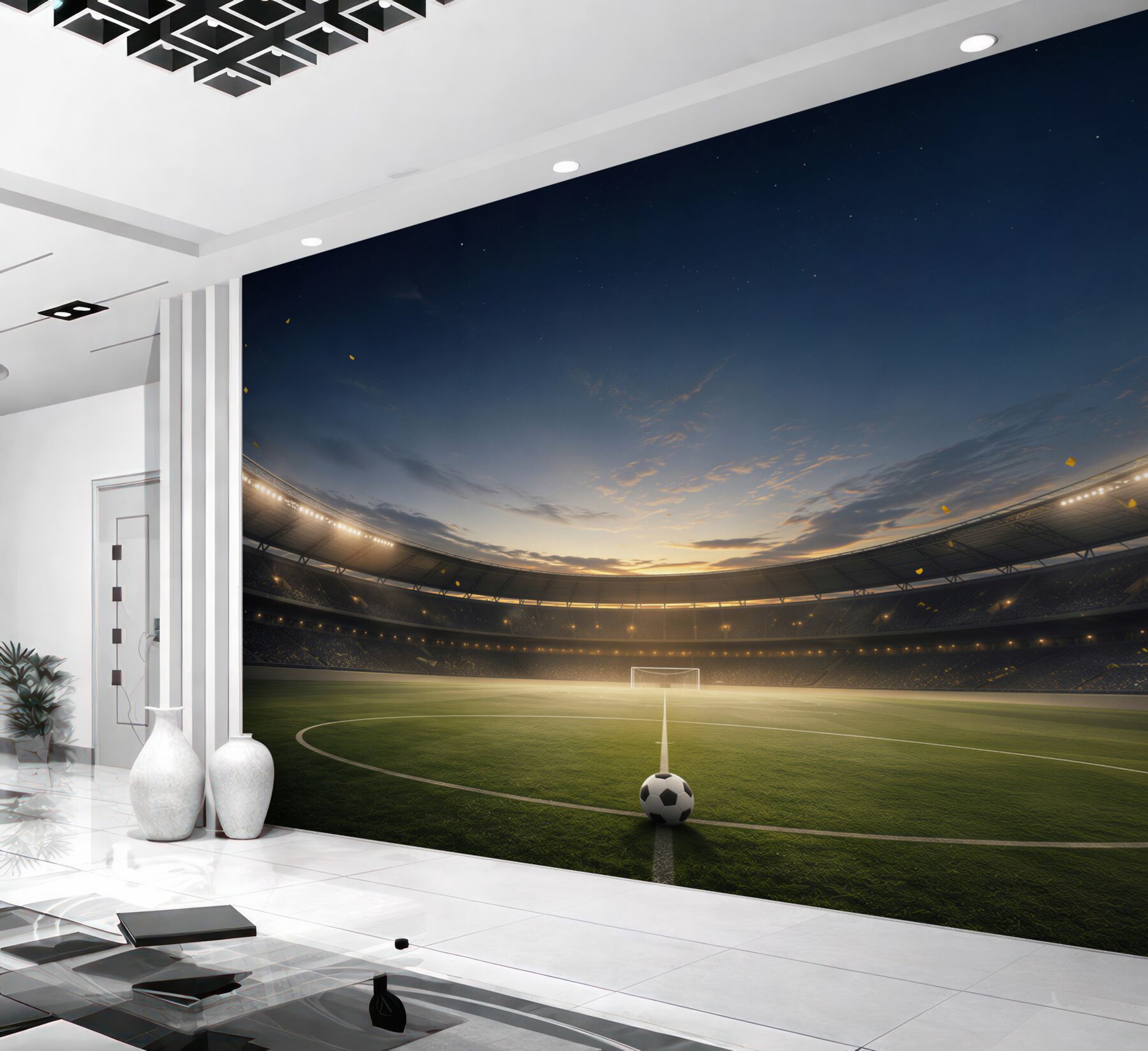 Fototapeta stadion piłkarski z piłką o zachodzie słońca do pokoju fana futbolu?v23