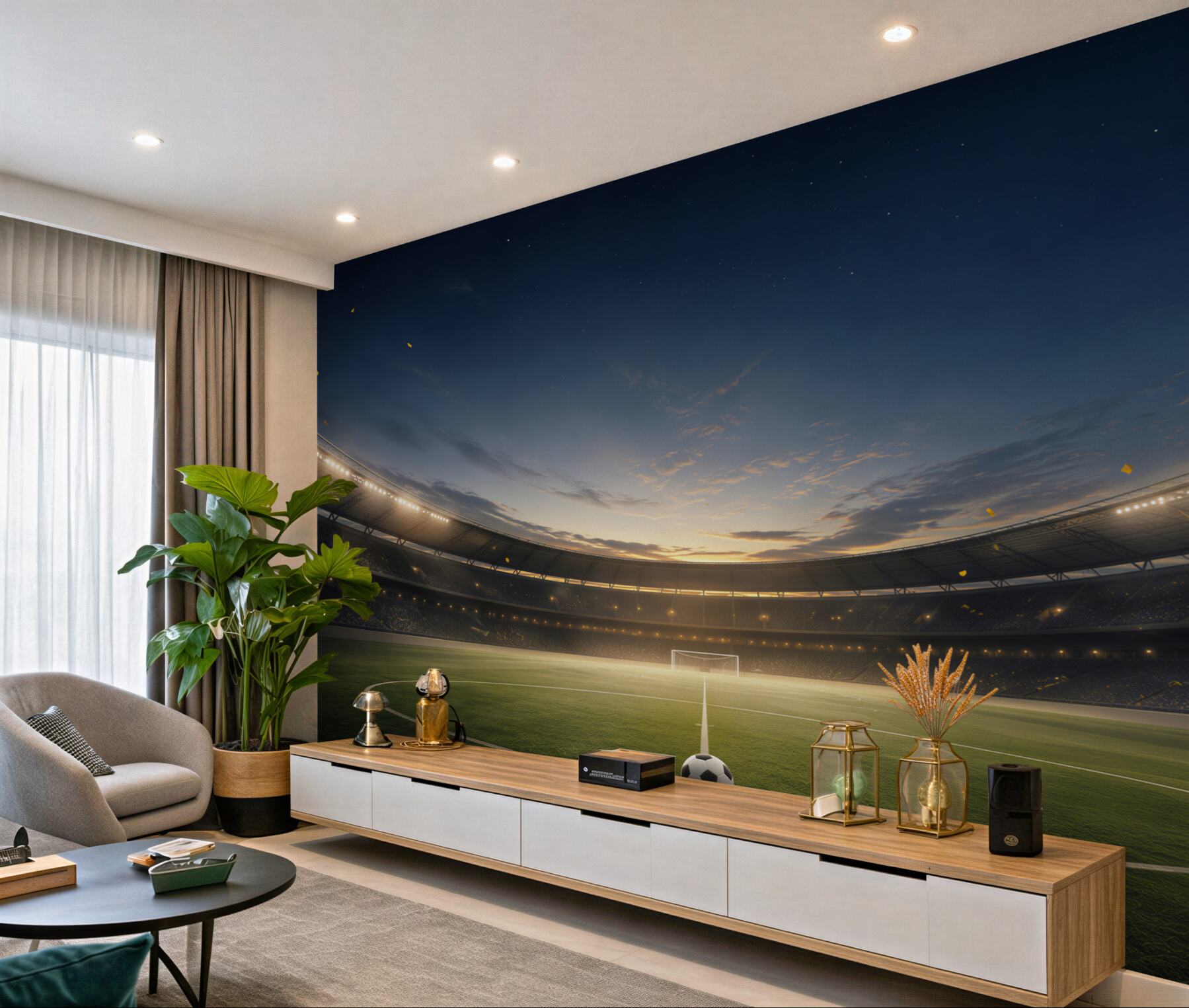 Fototapeta stadion piłkarski z piłką o zachodzie słońca do pokoju fana futbolu?v23