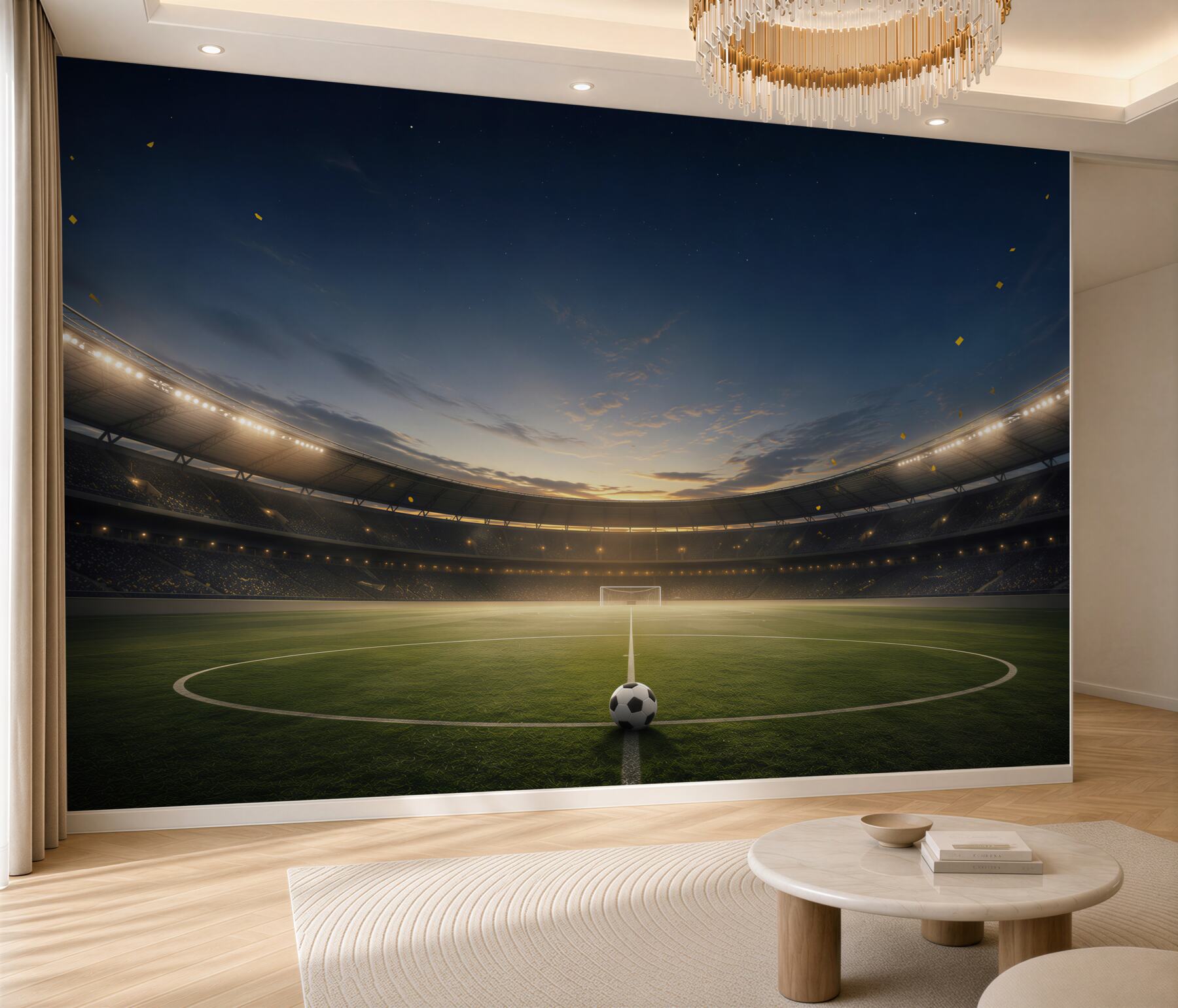 Fototapeta stadion piłkarski z piłką o zachodzie słońca do pokoju fana futbolu?v23