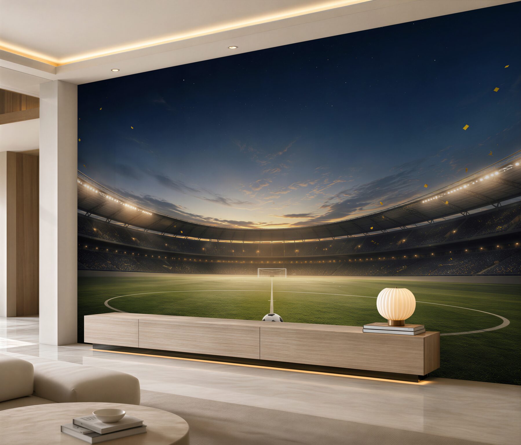 Fototapeta stadion piłkarski z piłką o zachodzie słońca do pokoju fana futbolu?v23