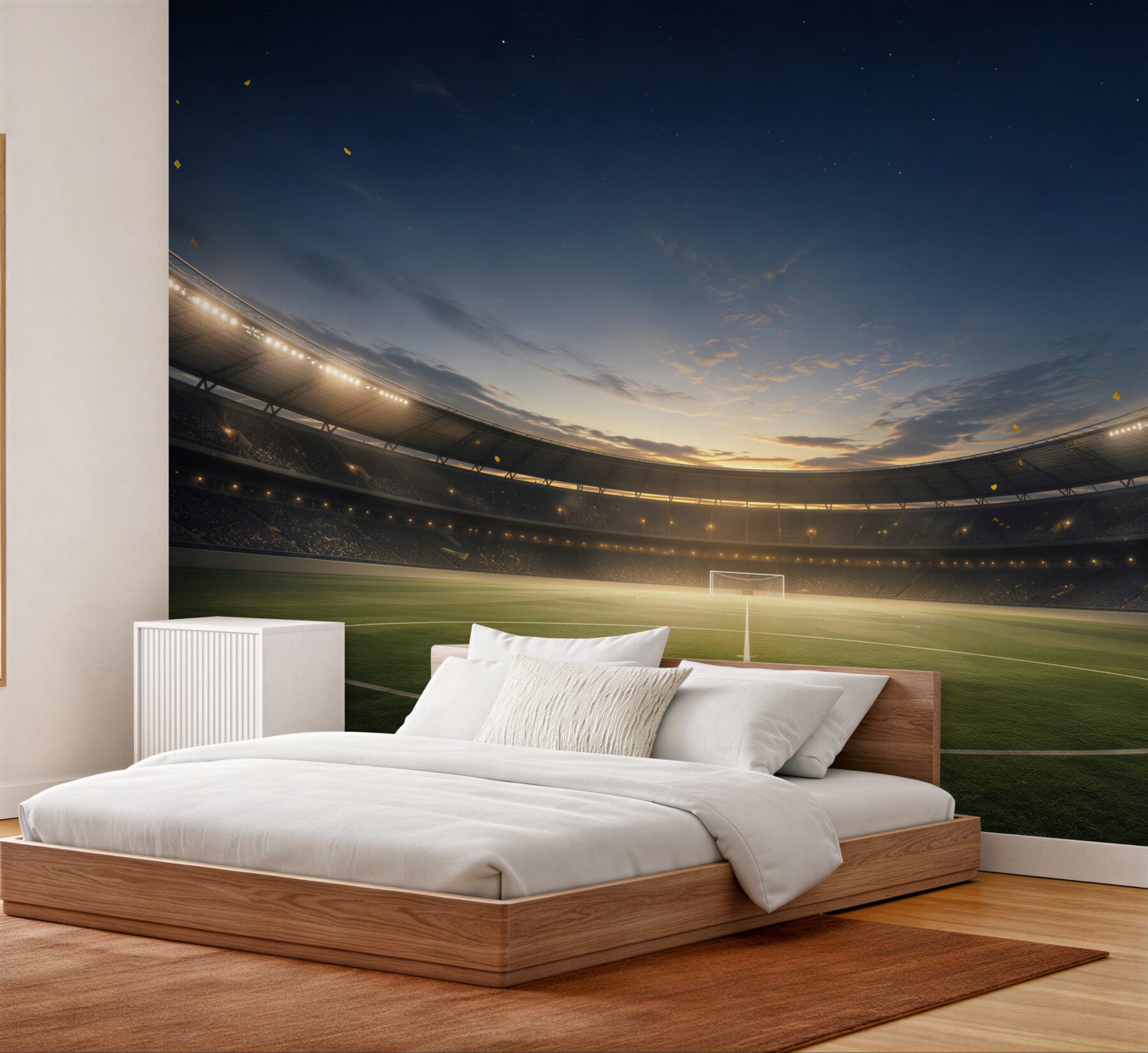 Fototapeta stadion piłkarski z piłką o zachodzie słońca do pokoju fana futbolu?v23